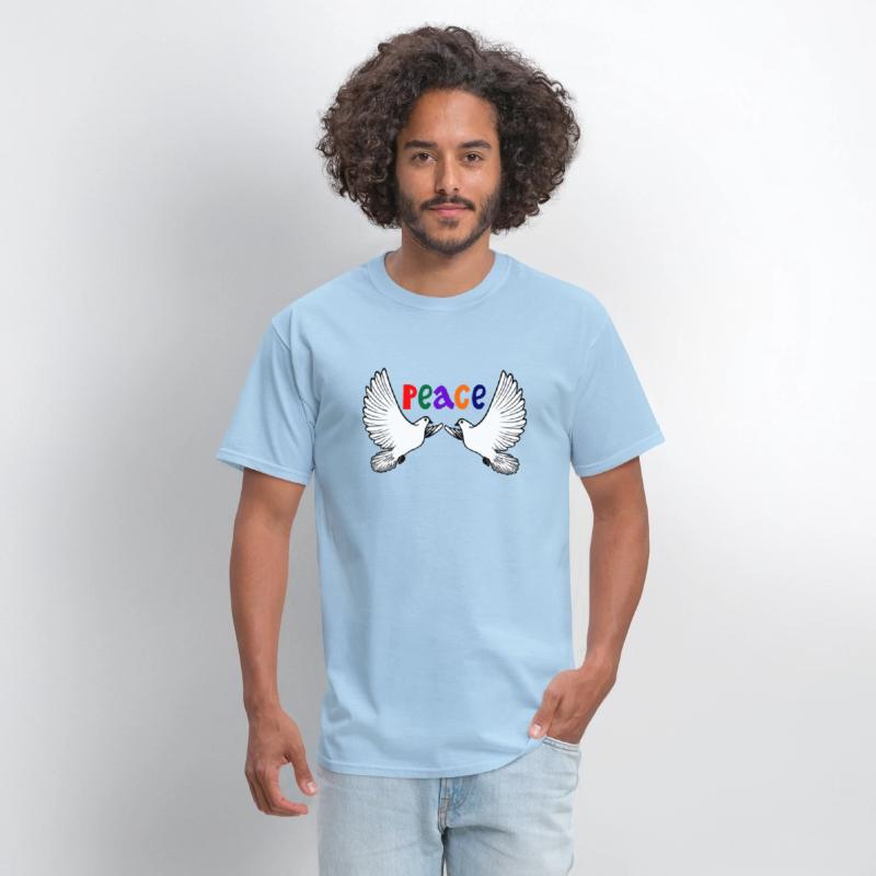 Two white peace doves with colored text in English
