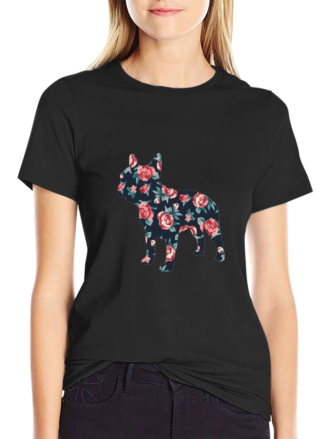 Floral French Bulldog Graphic Mens Black T-Shirt