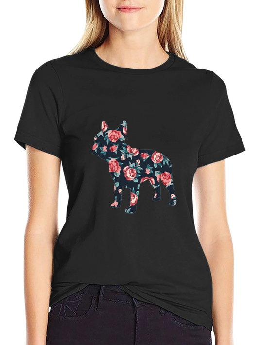 Floral French Bulldog Graphic Mens Black T-Shirt