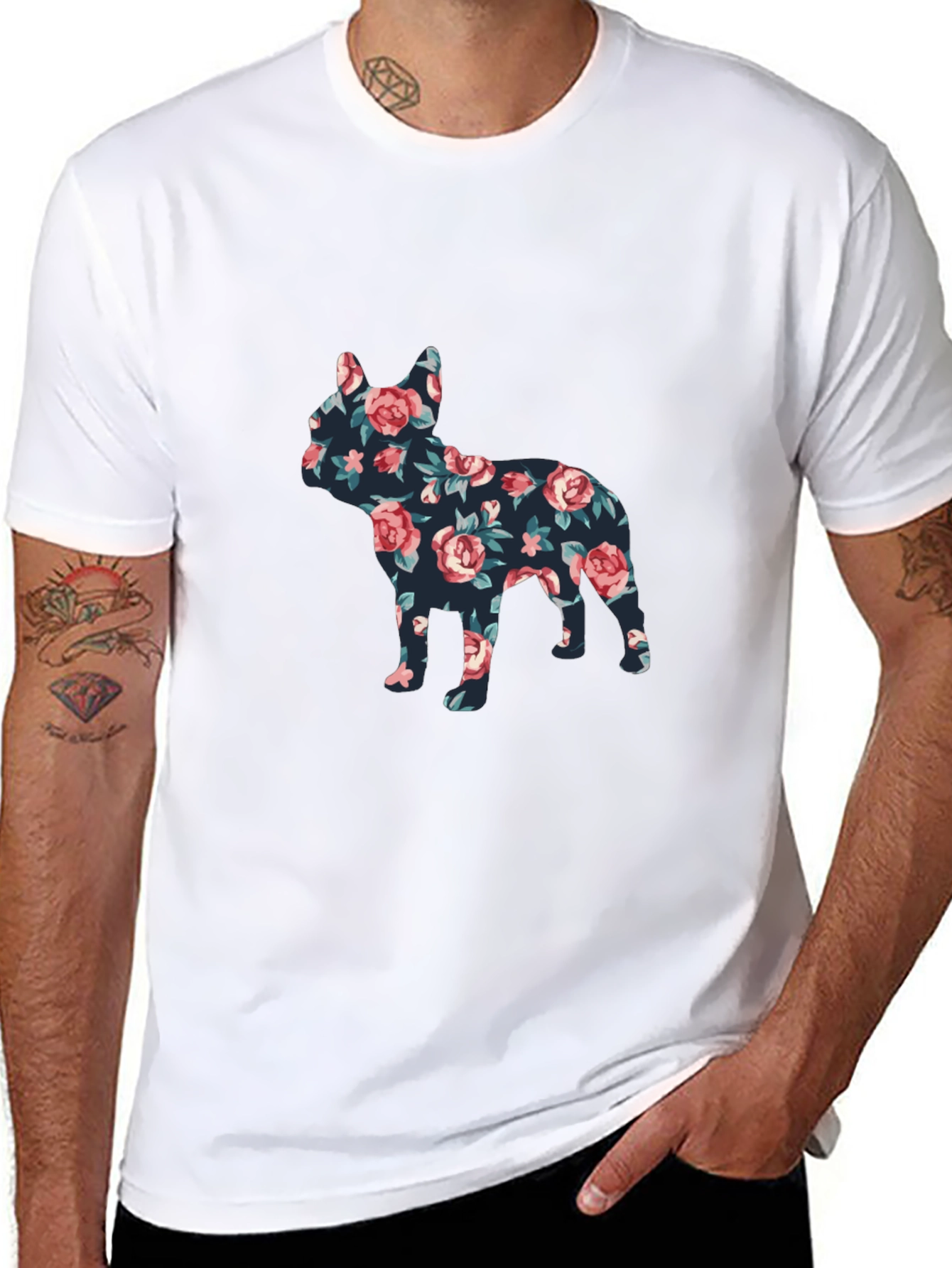 Floral French Bulldog Graphic Mens Black T-Shirt