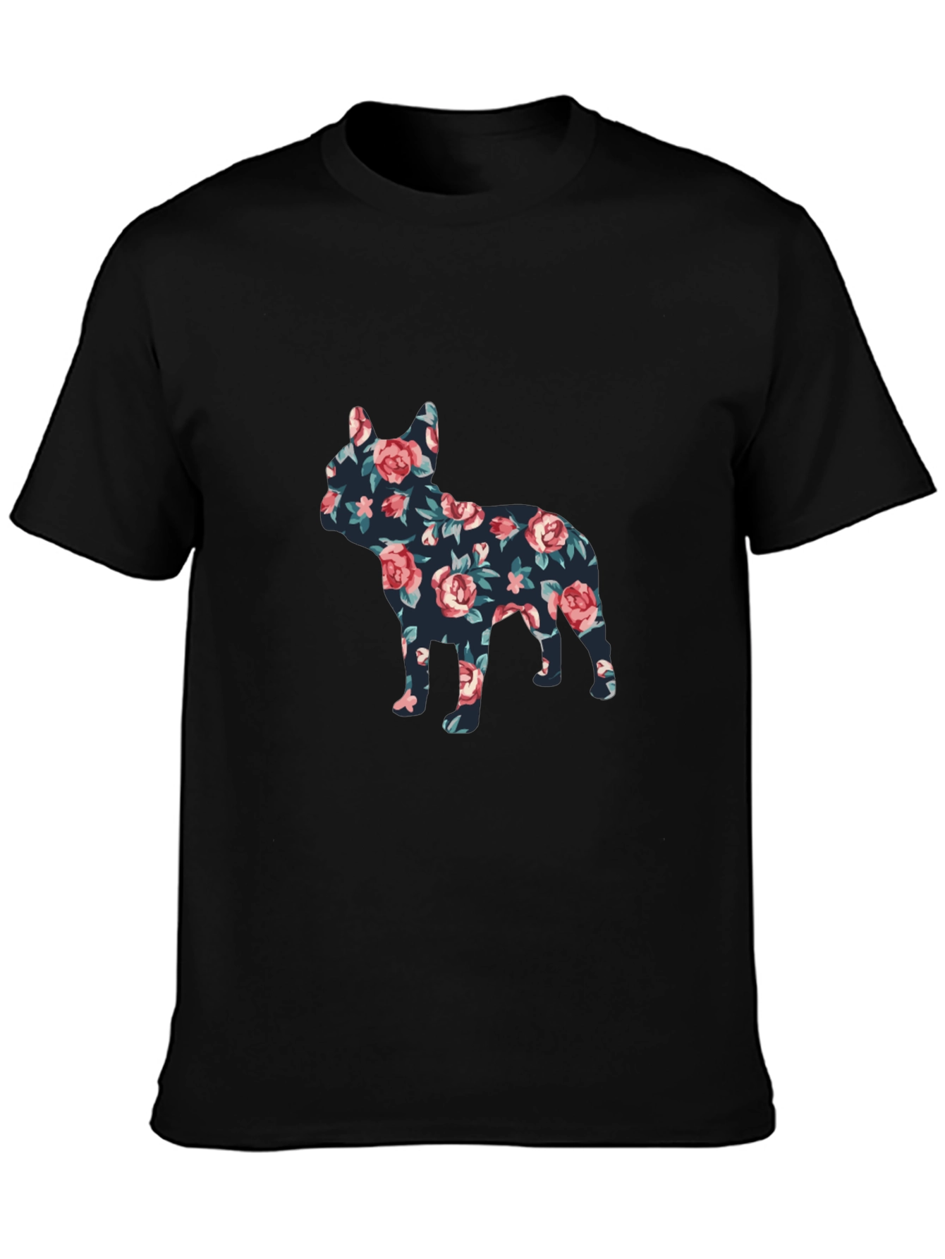 Floral French Bulldog Graphic Mens Black T-Shirt