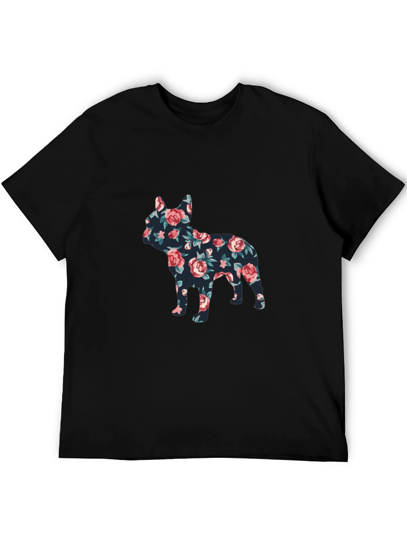 Floral French Bulldog Graphic Mens Black T-Shirt