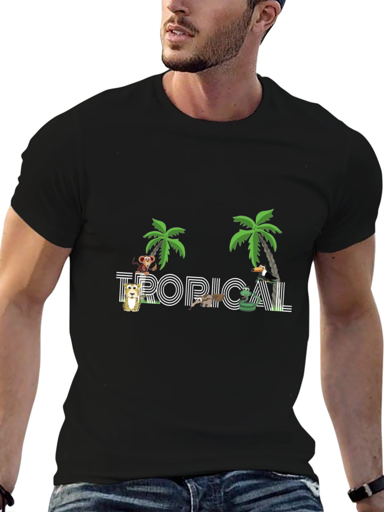 Tropical Graphic Print Black T-Shirt