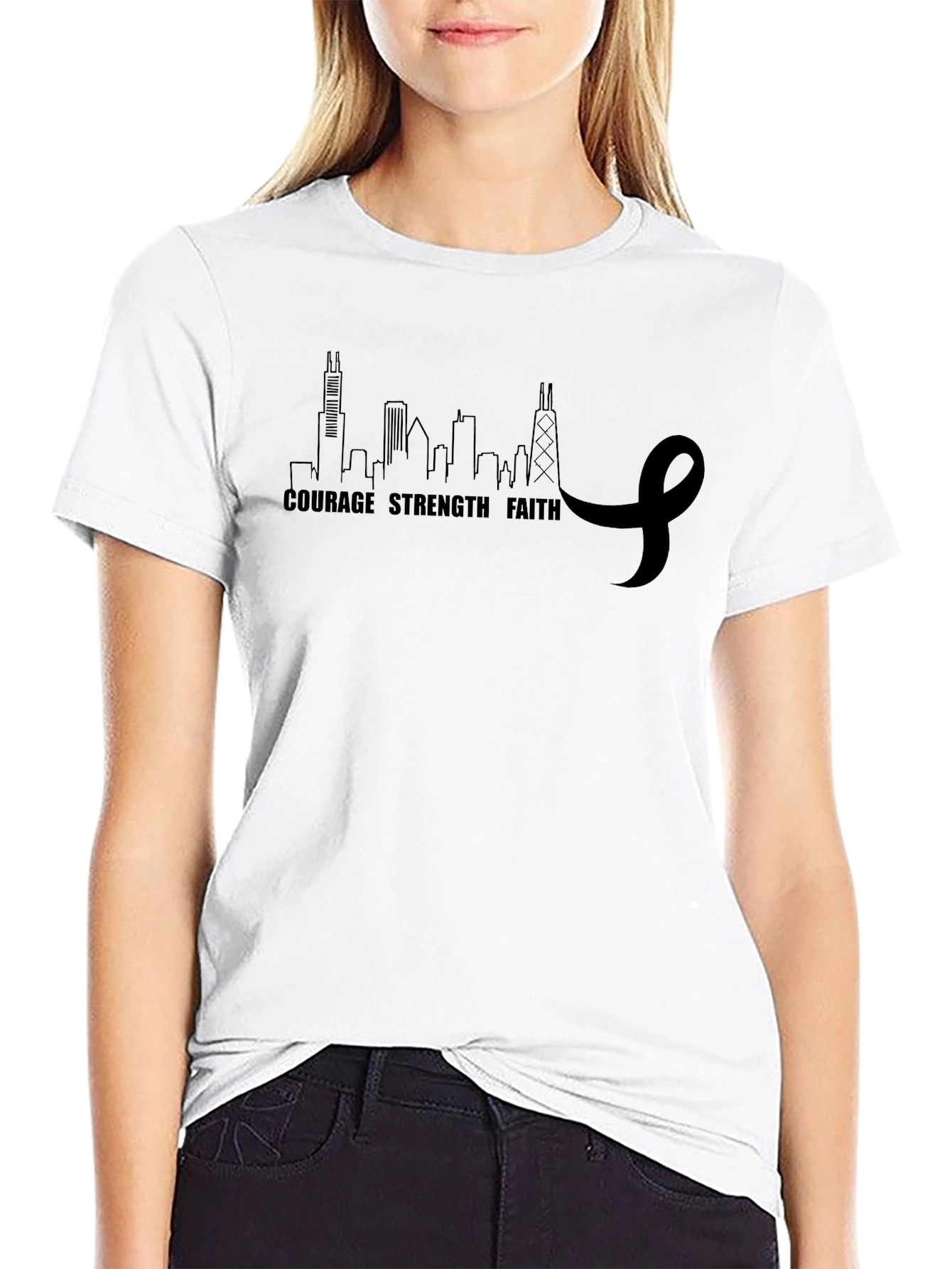 Courage Strength Faith Chicago Skyline Ribbon T-Shirt