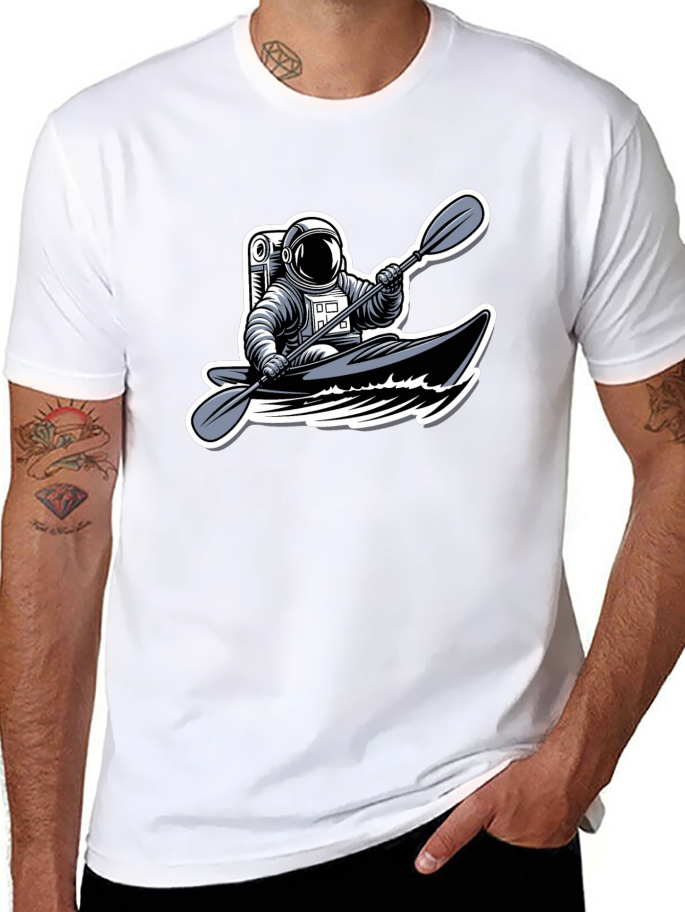 Astronaut Kayaking Graphic Tee - Outer Space Adventure Shirt