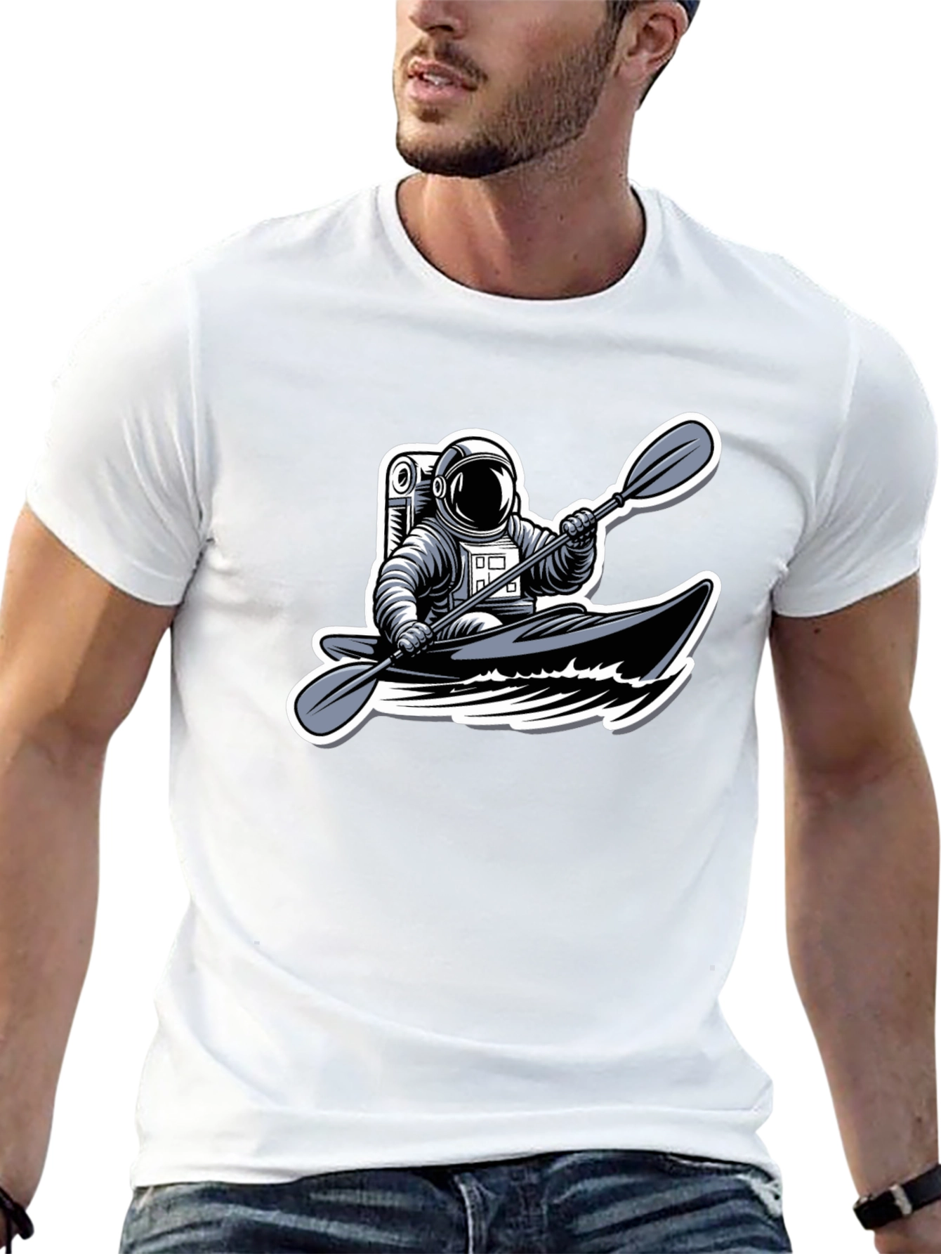 Astronaut Kayaking Graphic Tee - Outer Space Adventure Shirt