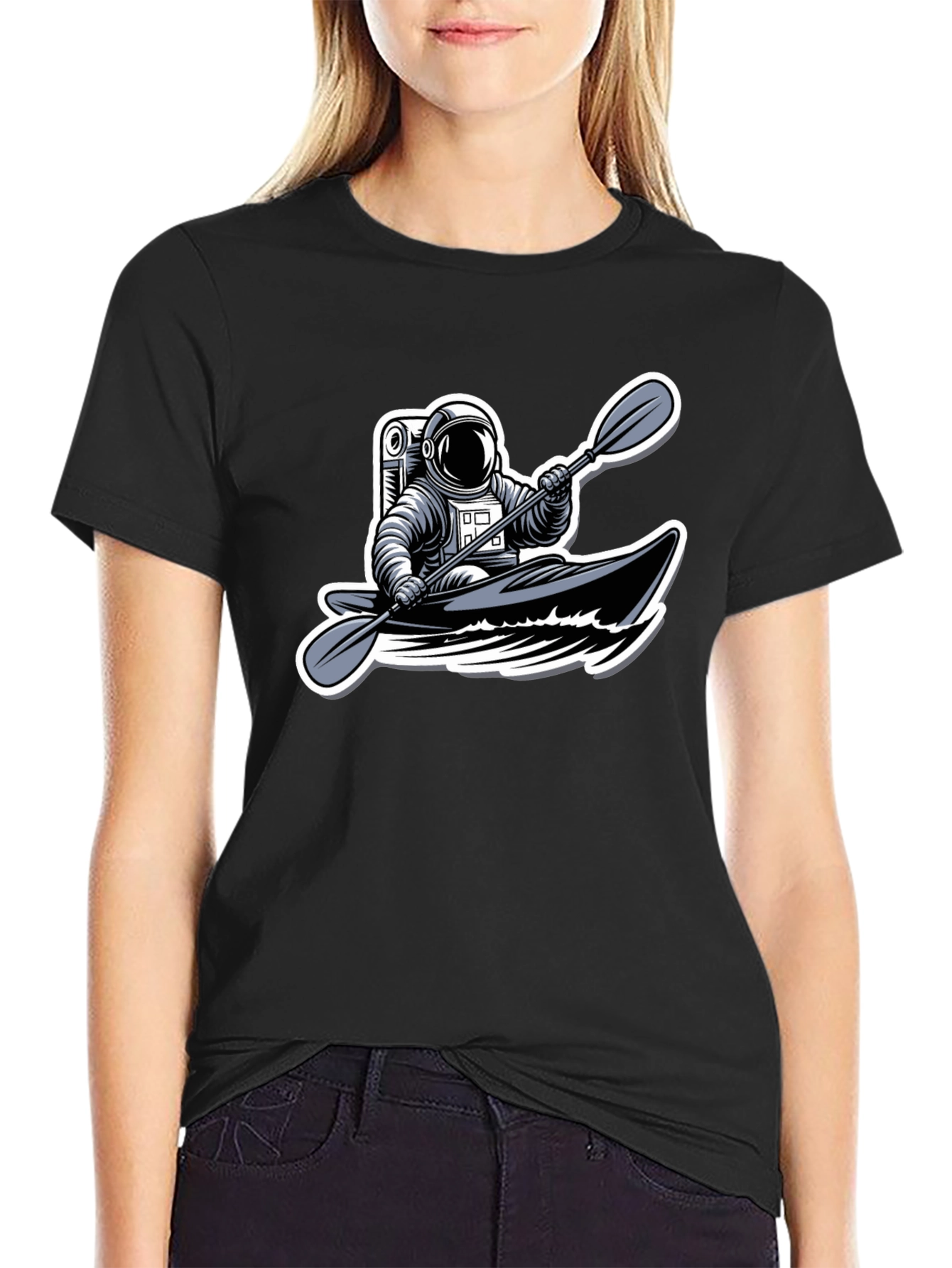 Astronaut Kayaking Graphic Tee - Outer Space Adventure Shirt
