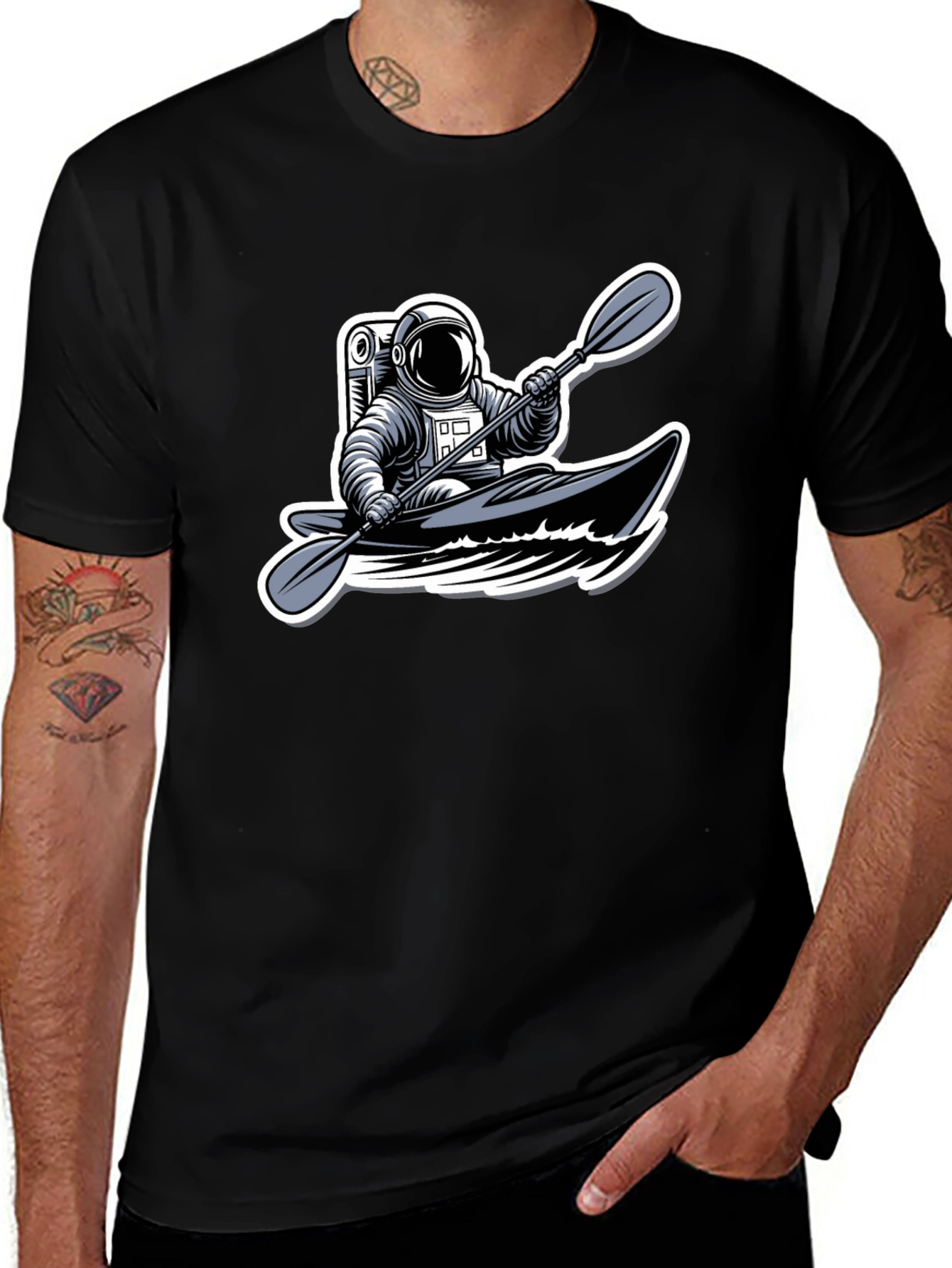 Astronaut Kayaking Graphic Tee - Outer Space Adventure Shirt