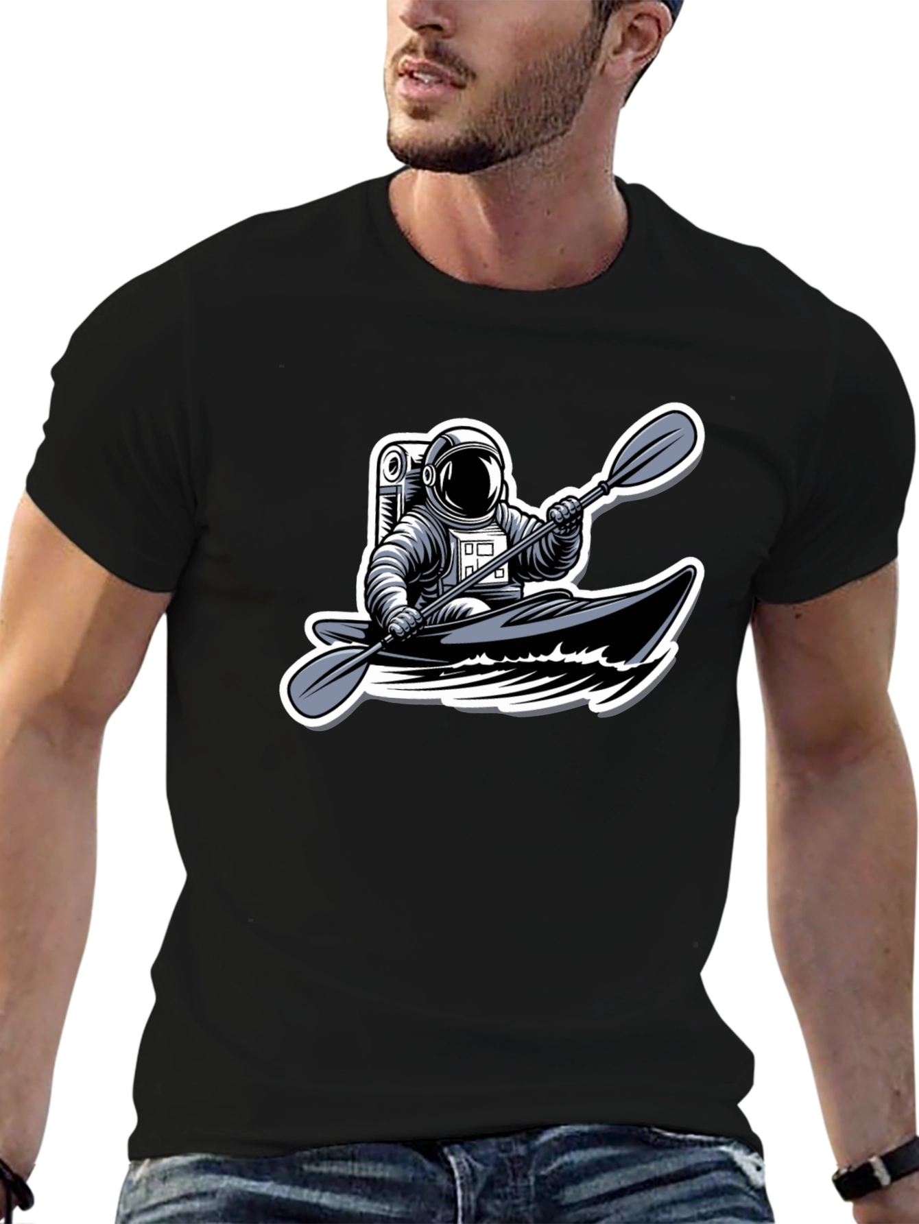 Astronaut Kayaking Graphic Tee - Outer Space Adventure Shirt