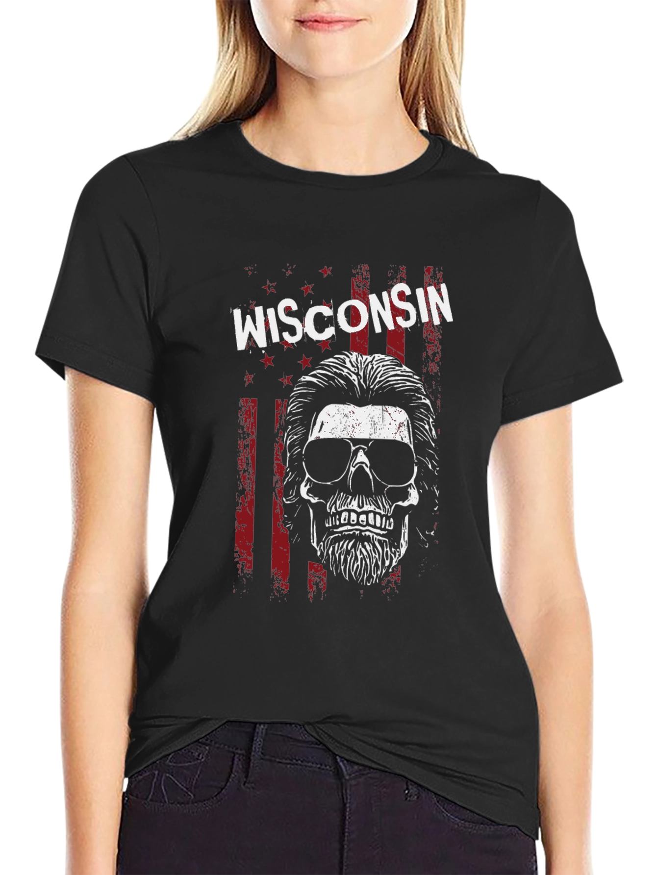 Wisconsin Skull Graphic Tee - USA Patriotic Shirt