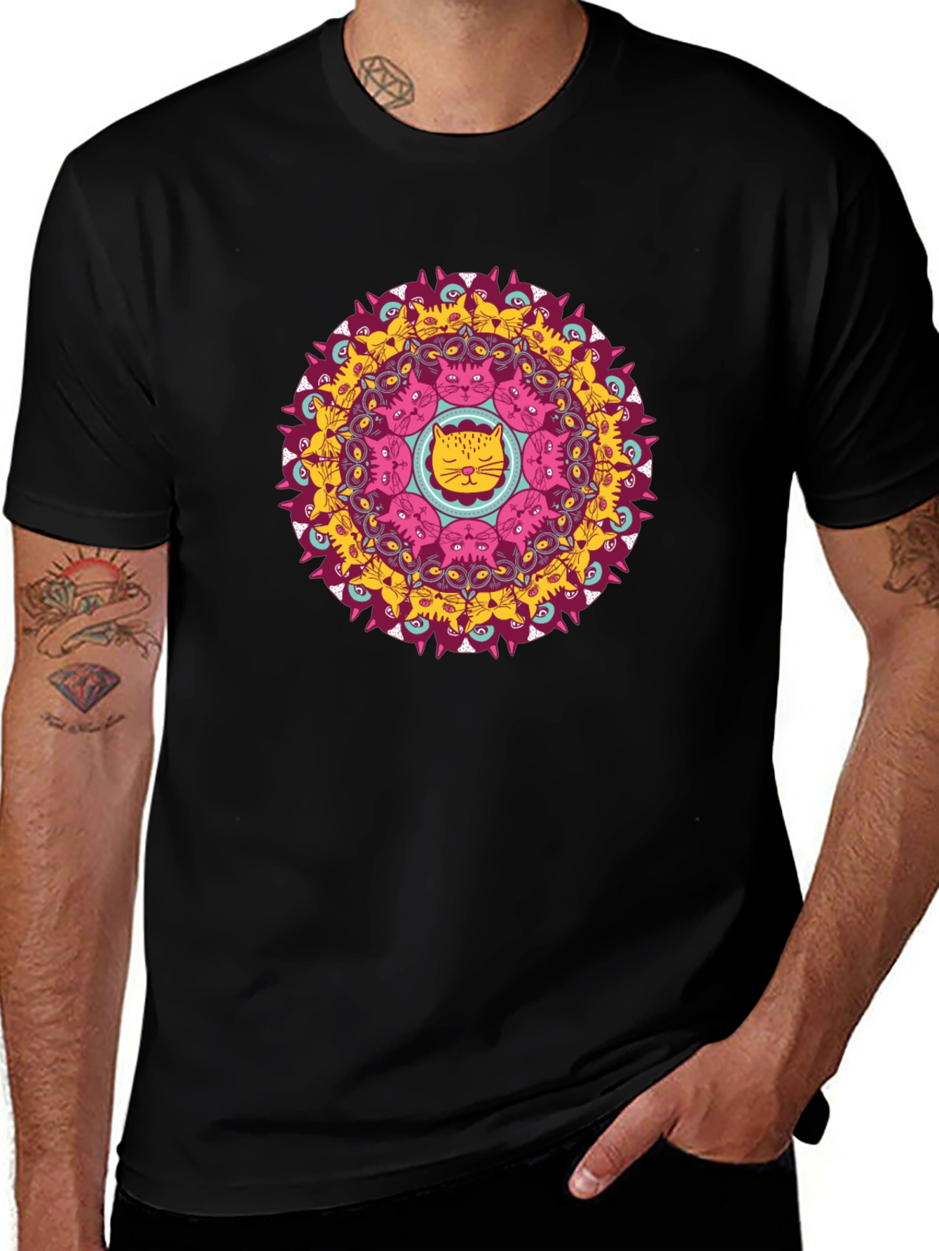 Cat Mandala Black T-Shirt - Unique Graphic Tee