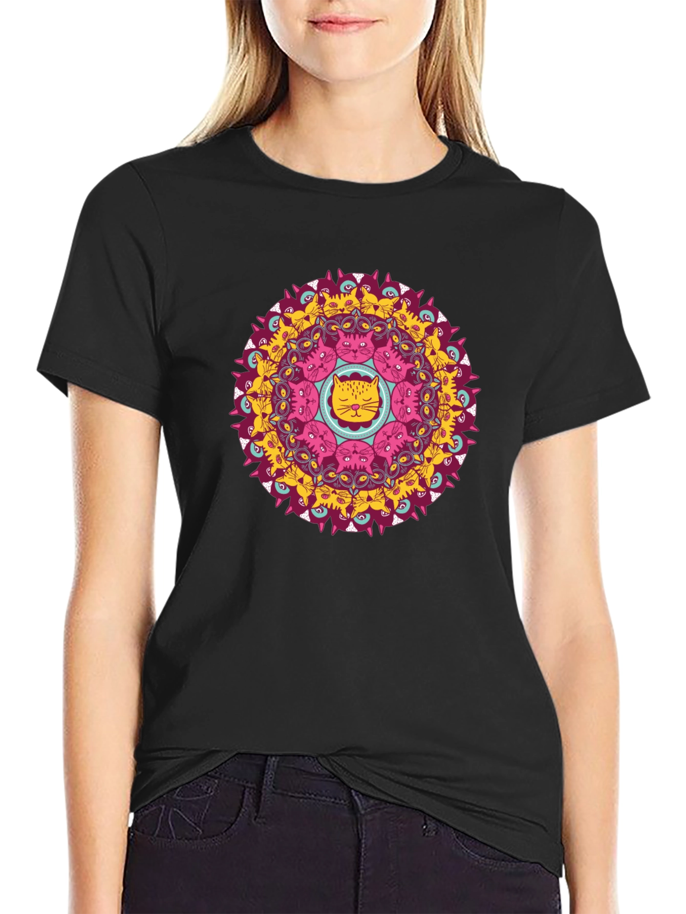 Cat Mandala Black T-Shirt - Unique Graphic Tee