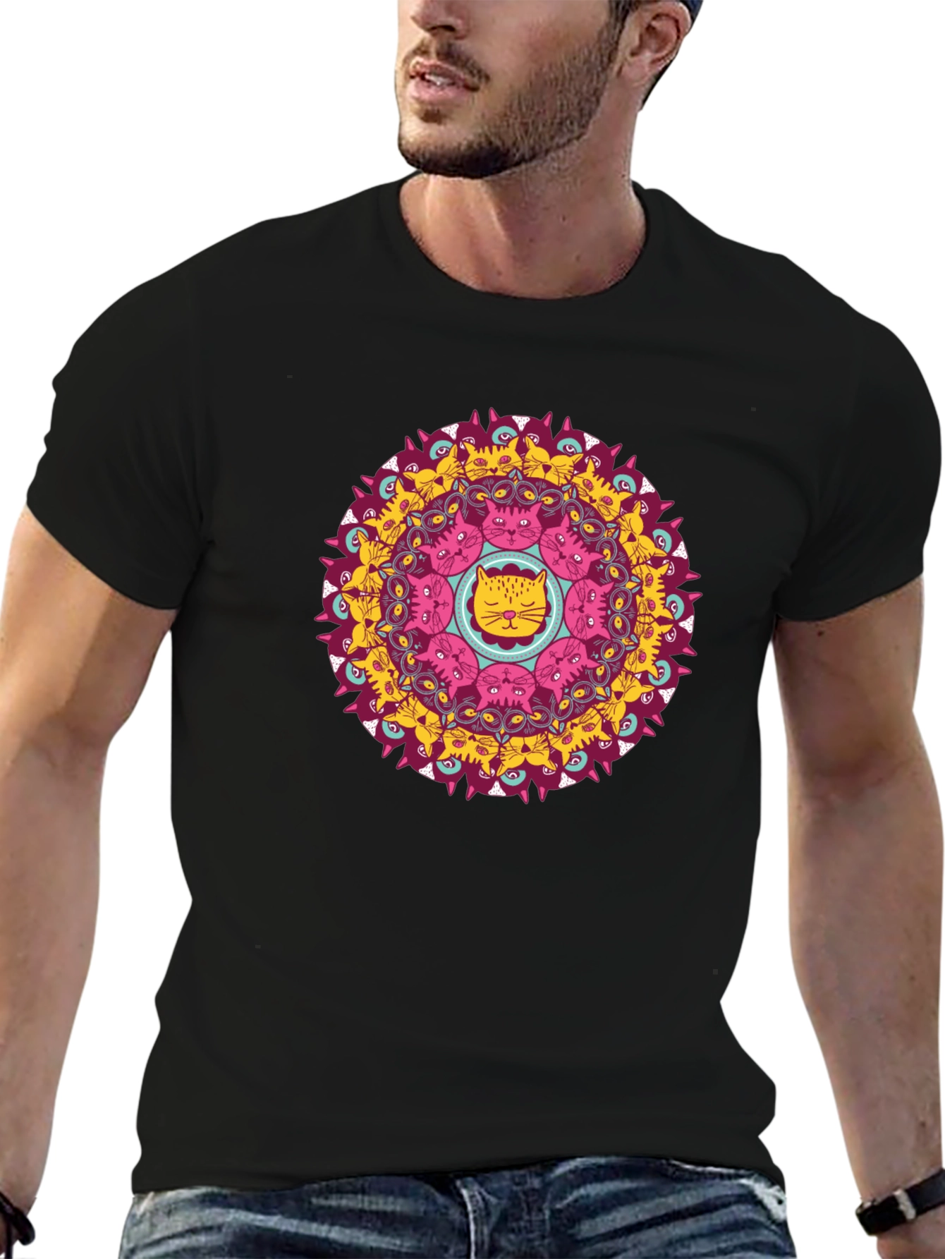 Cat Mandala Black T-Shirt - Unique Graphic Tee