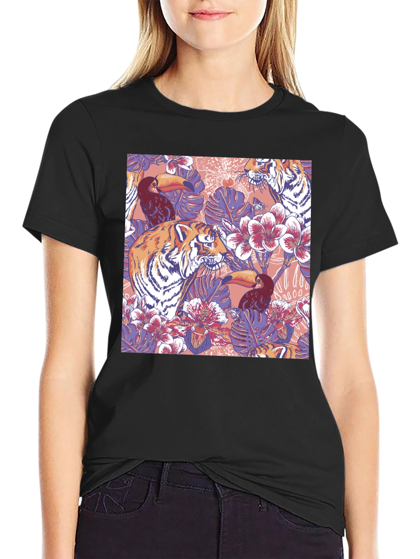 Tropical Tiger Toucan Black T-Shirt