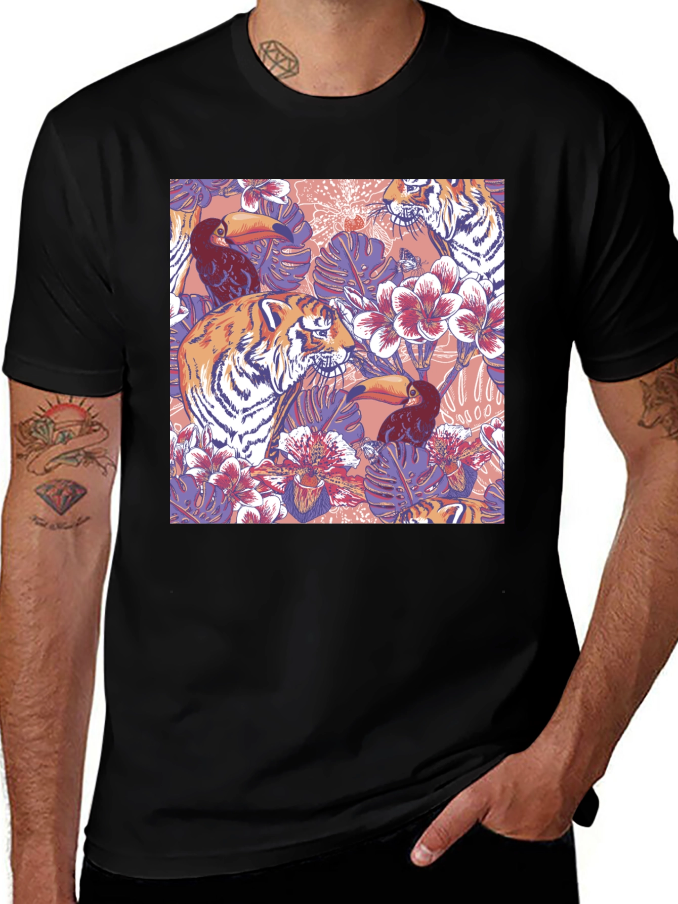 Tropical Tiger Toucan Black T-Shirt
