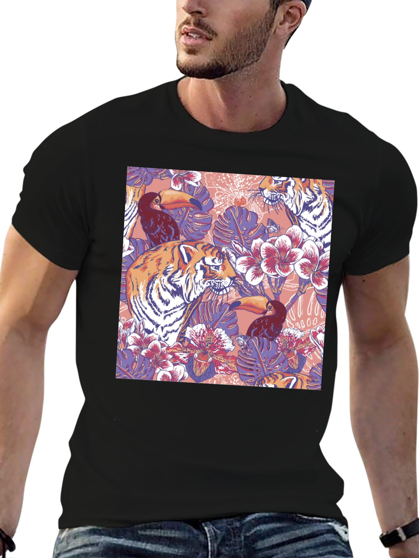 Tropical Tiger Toucan Black T-Shirt