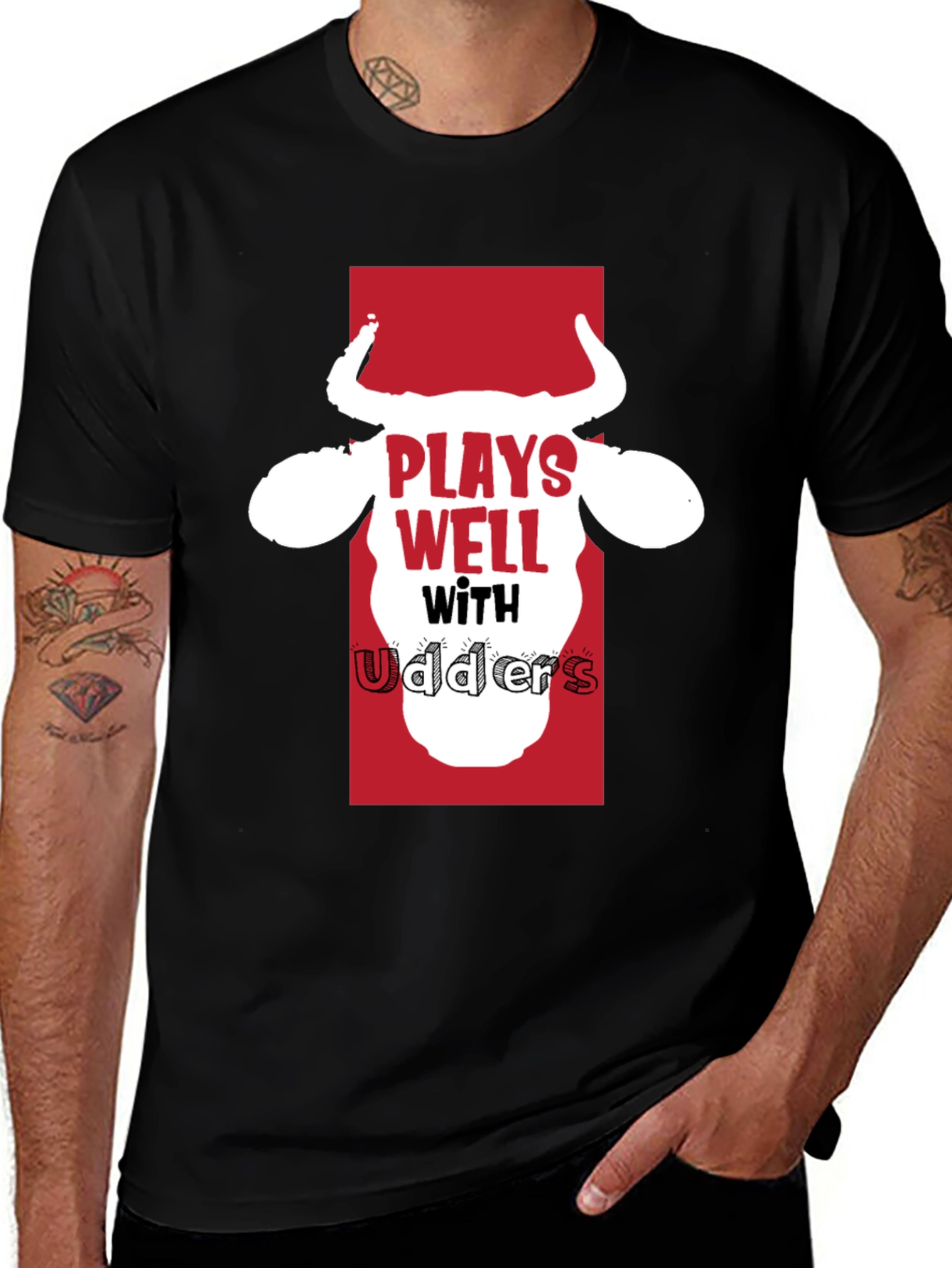 Plays Well with Udders Funny Black T-Shirt