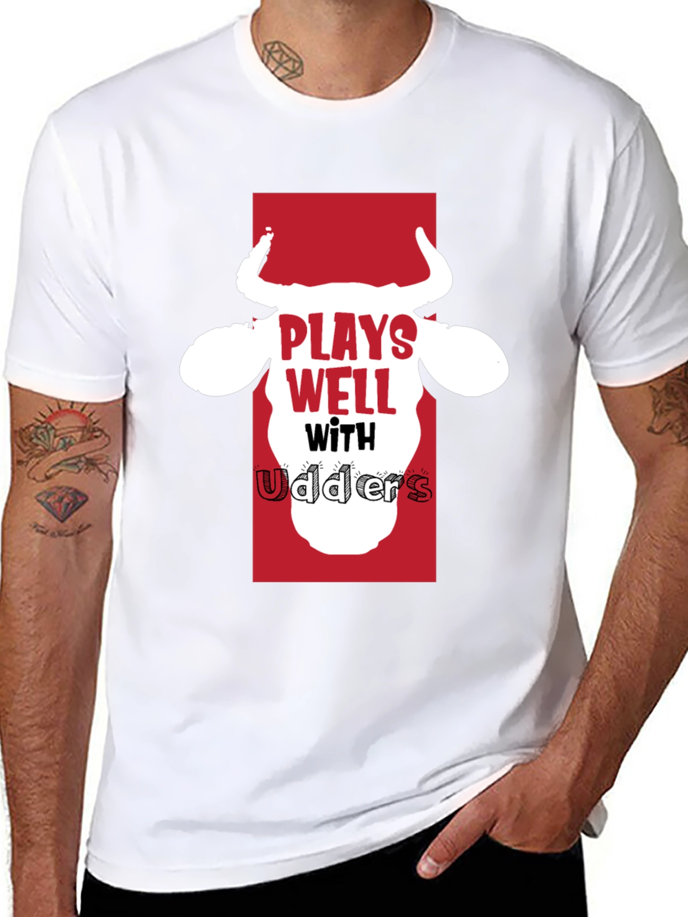 Plays Well with Udders Funny Black T-Shirt