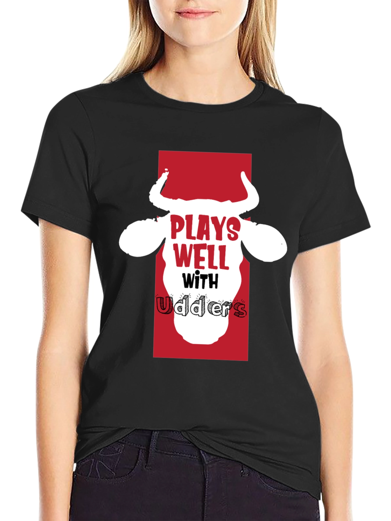 Plays Well with Udders Funny Black T-Shirt