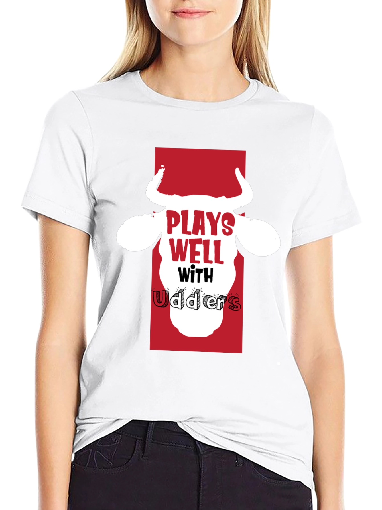 Plays Well with Udders Funny Black T-Shirt