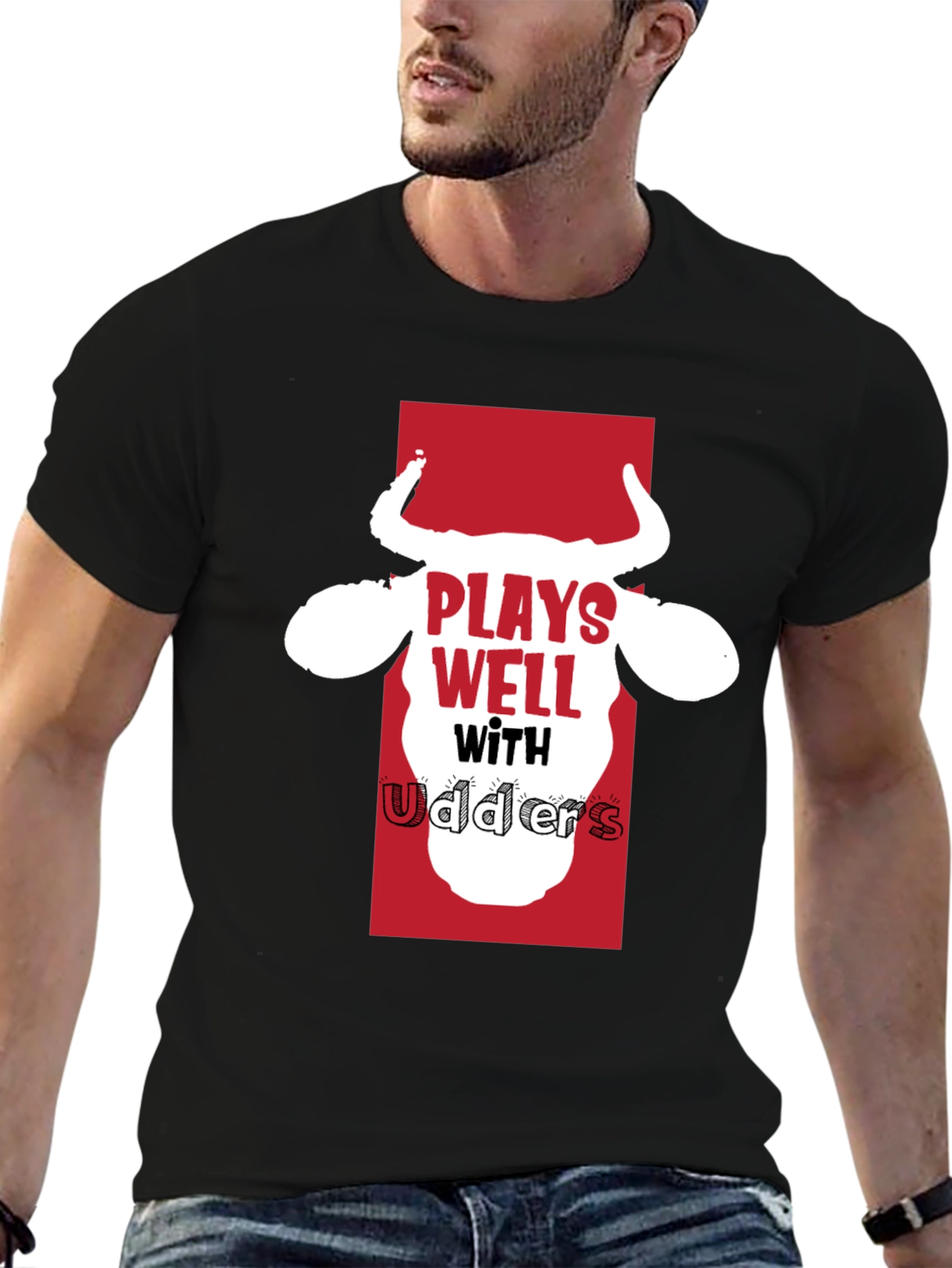 Plays Well with Udders Funny Black T-Shirt