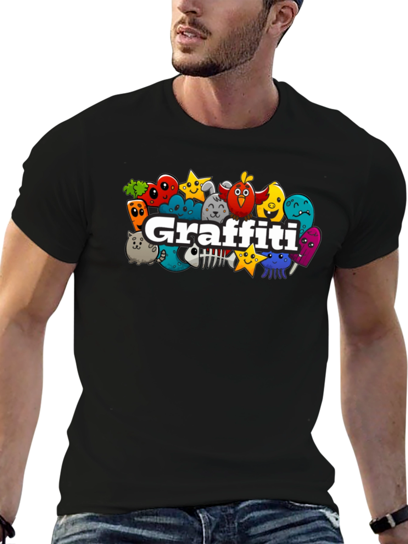 Graffiti Cartoon Graphic Black T-Shirt