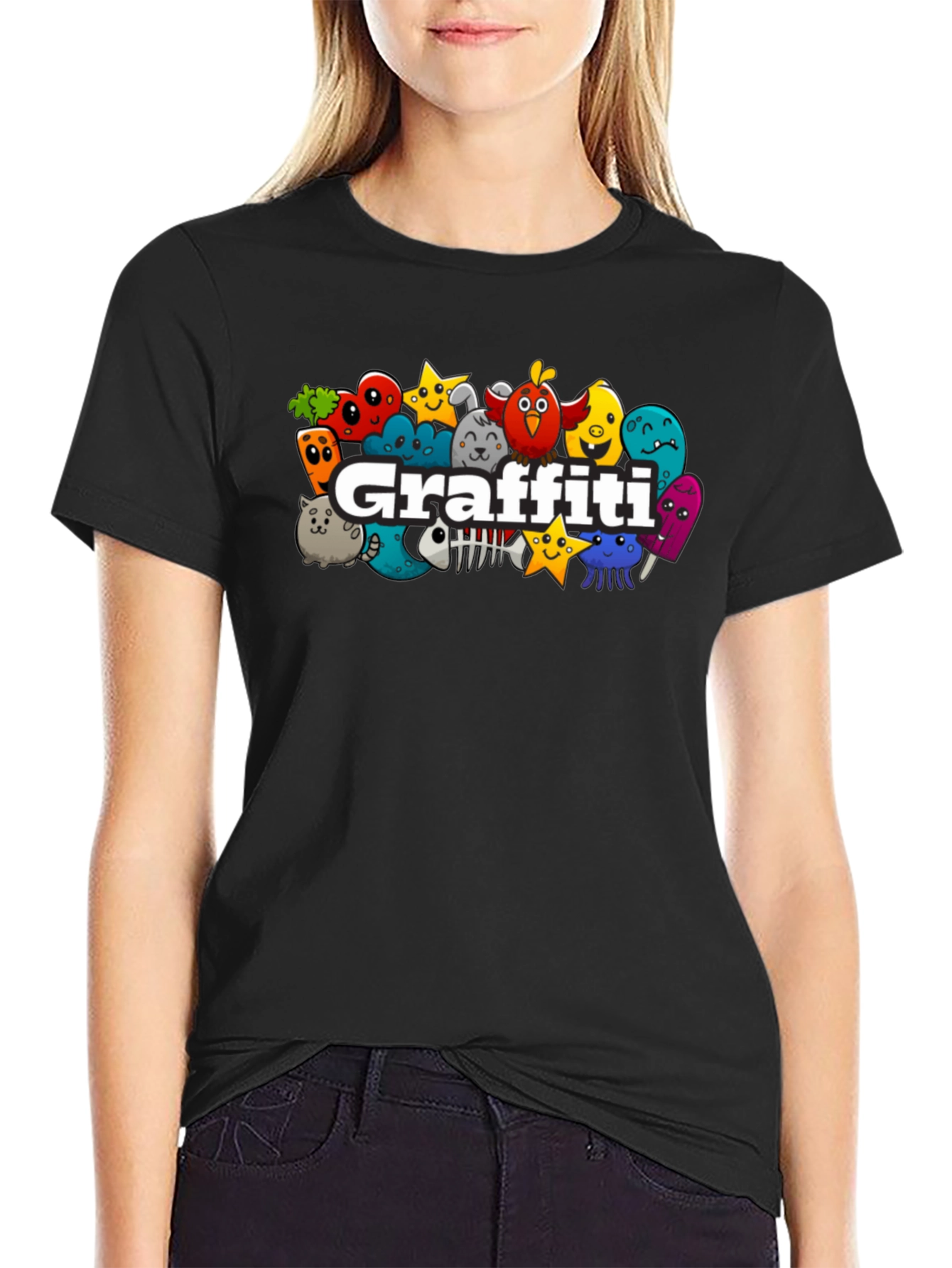Graffiti Cartoon Graphic Black T-Shirt