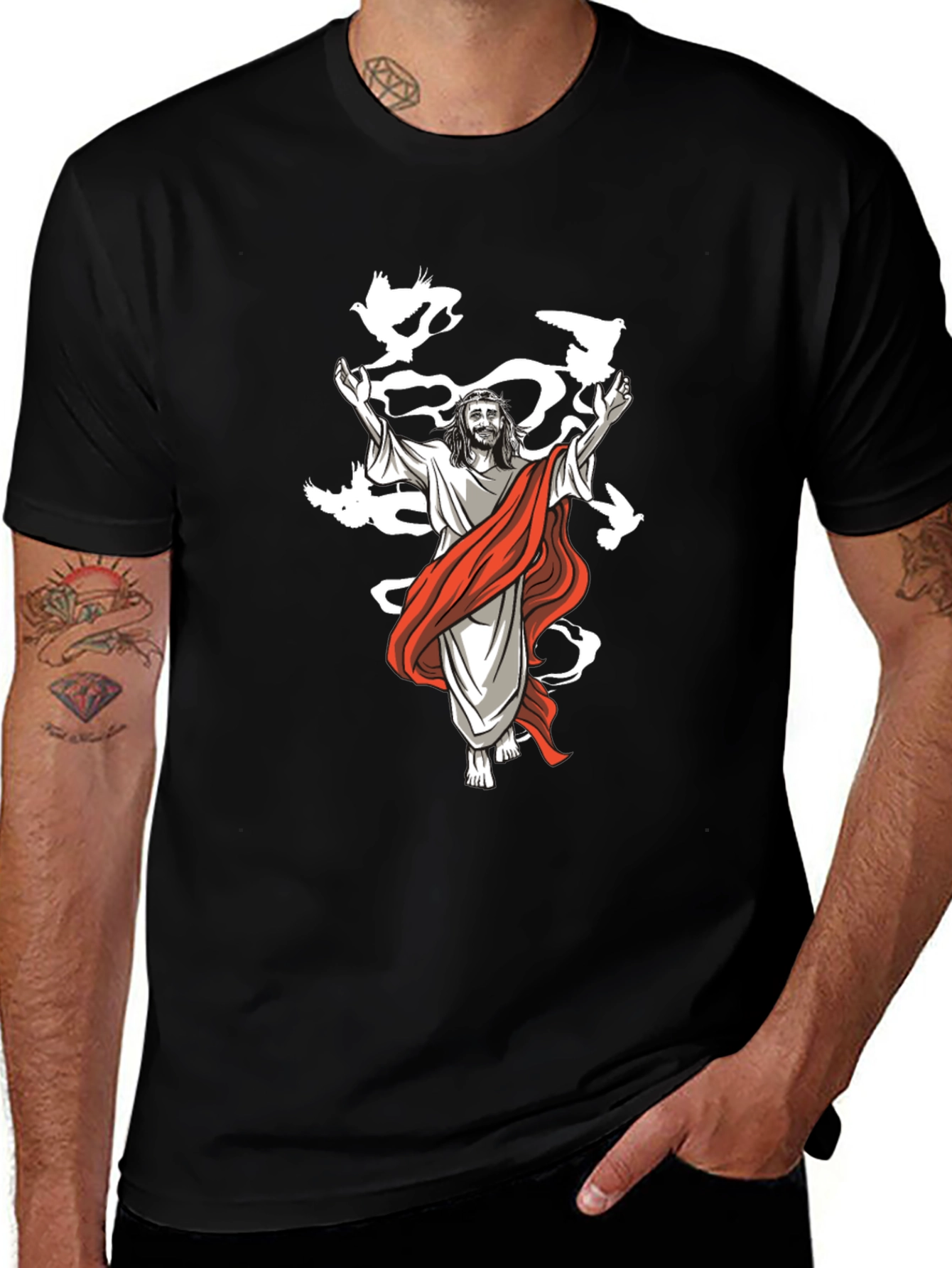 Jesus & Doves Graphic T-Shirt - Black