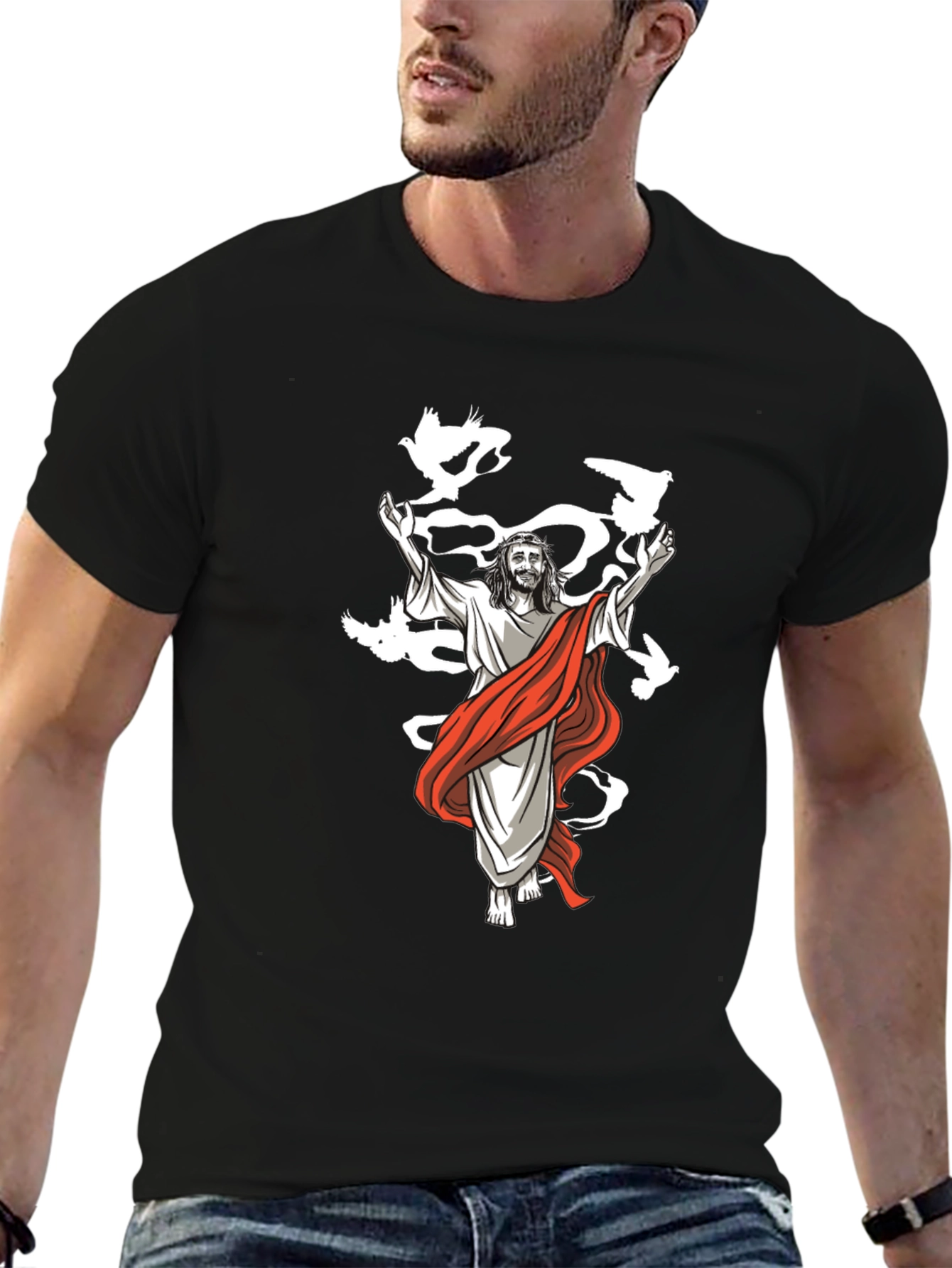 Jesus & Doves Graphic T-Shirt - Black
