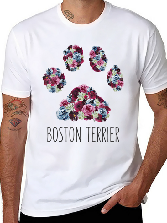 Boston Terrier Paw Print Floral T-Shirt