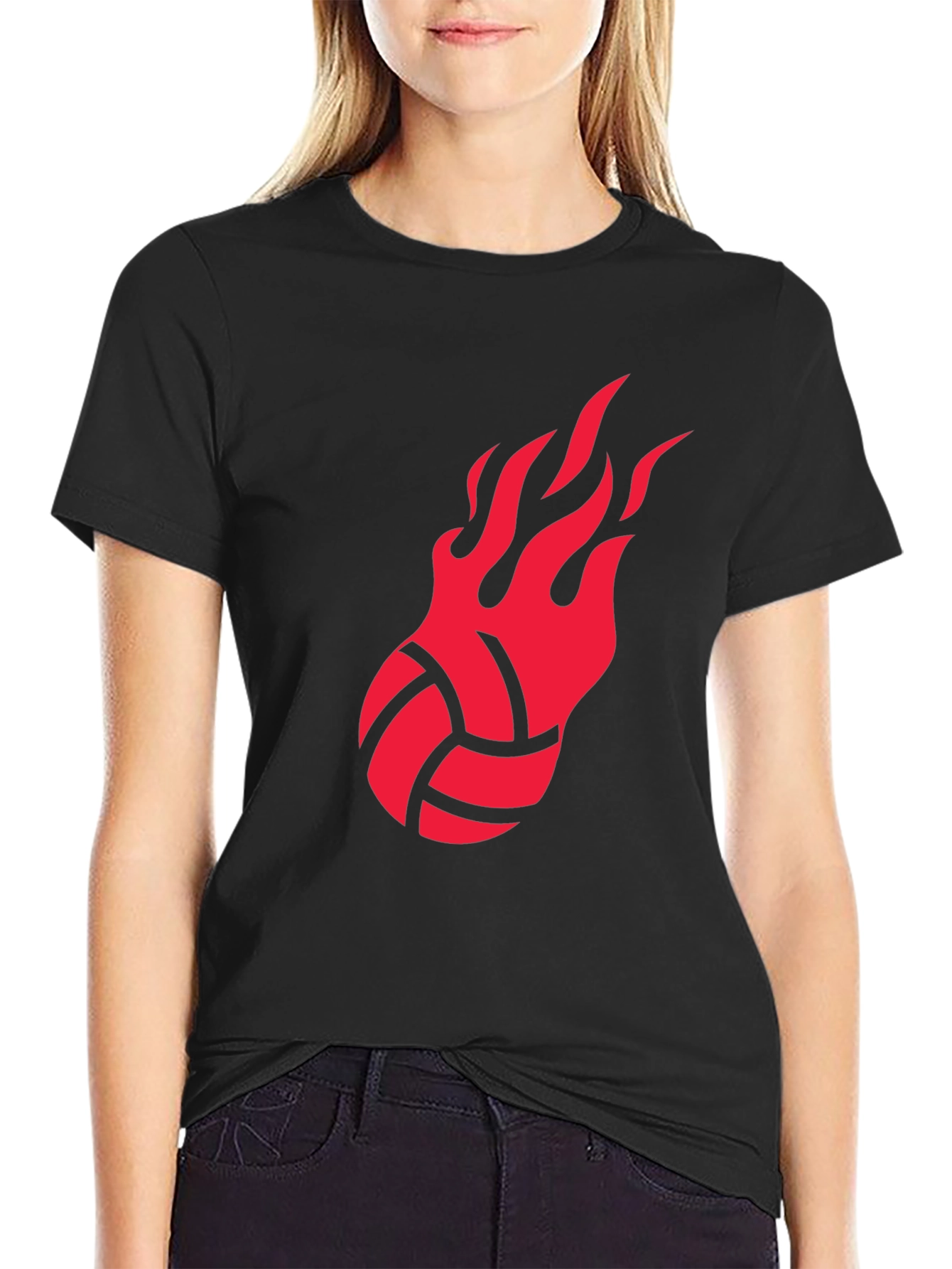 Fiery Volleyball Graphic Tee - Black Cotton Shirt