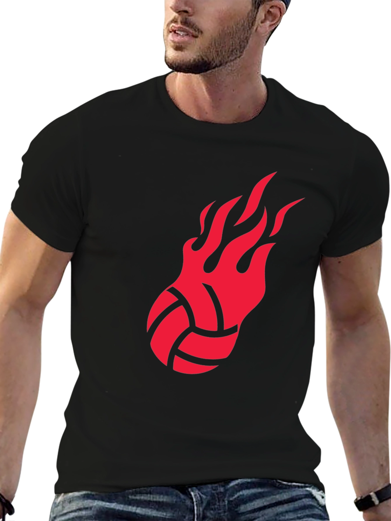 Fiery Volleyball Graphic Tee - Black Cotton Shirt