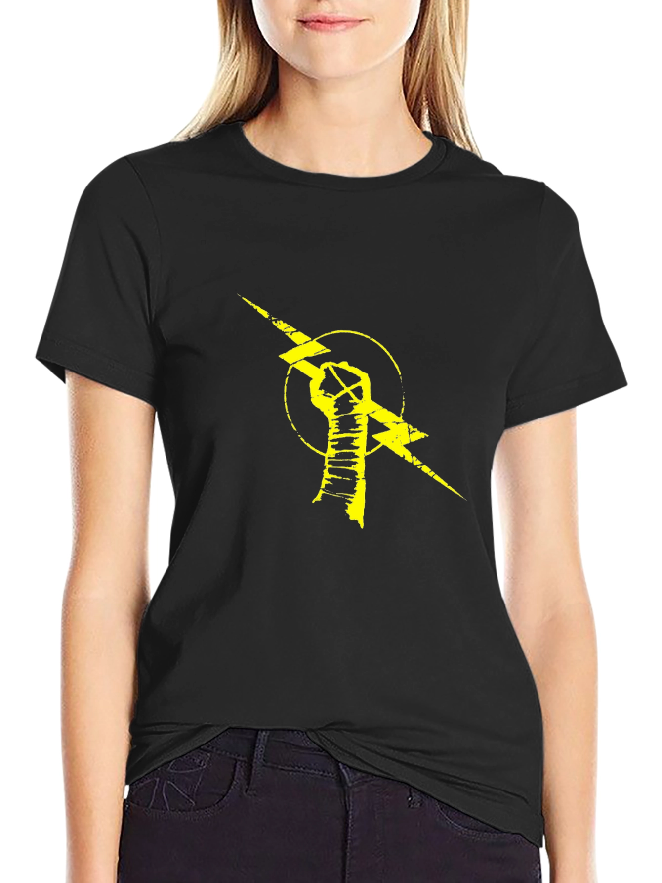 Black T-Shirt with Yellow Lightning Bolt Fist Graphic
