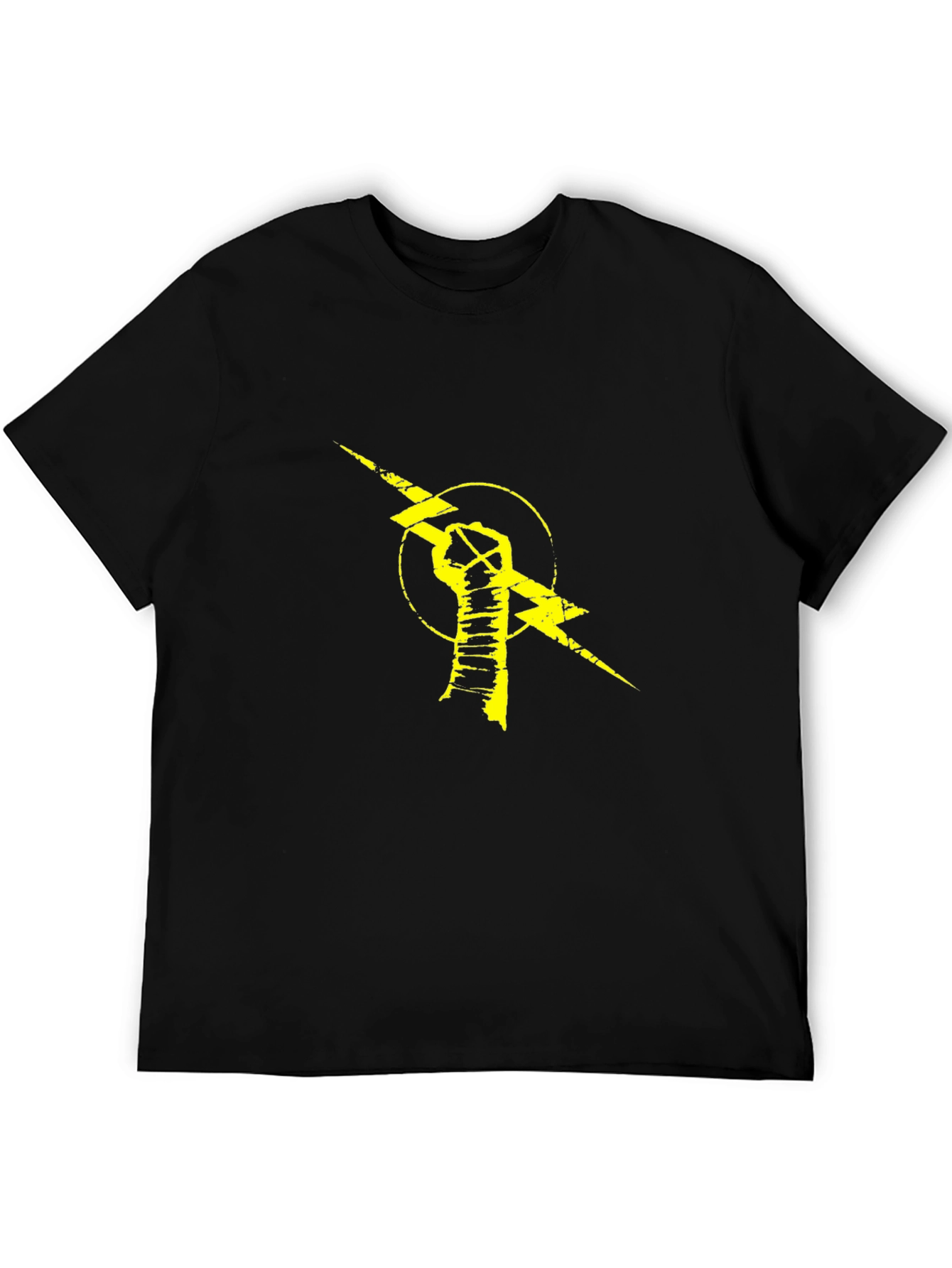 Black T-Shirt with Yellow Lightning Bolt Fist Graphic