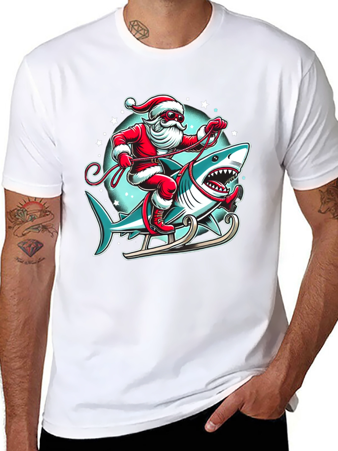 Santa Shark Sleigh Christmas T-Shirt