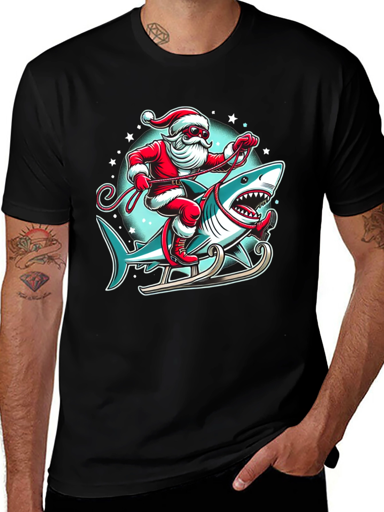 Santa Shark Sleigh Christmas T-Shirt