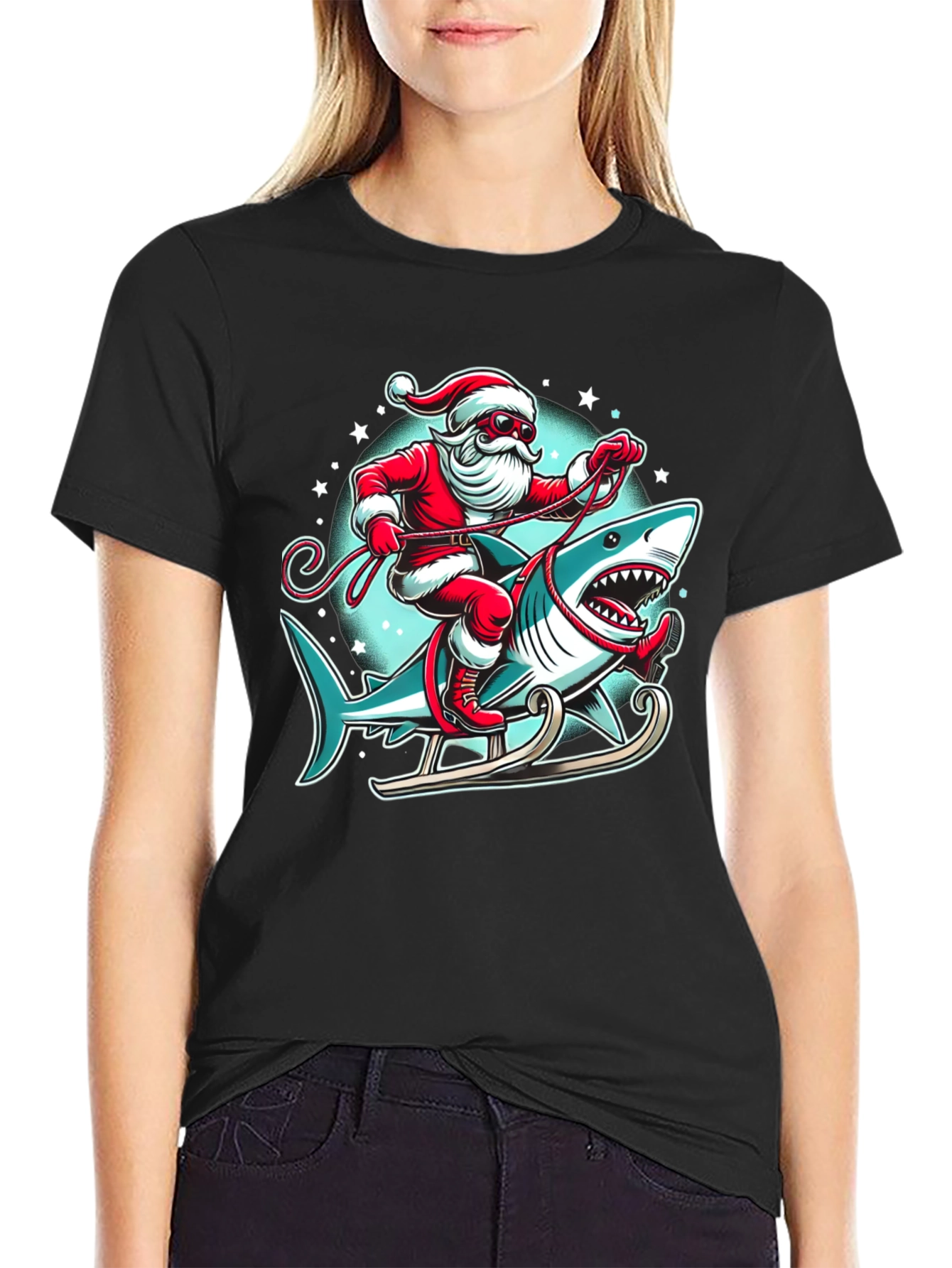 Santa Shark Sleigh Christmas T-Shirt