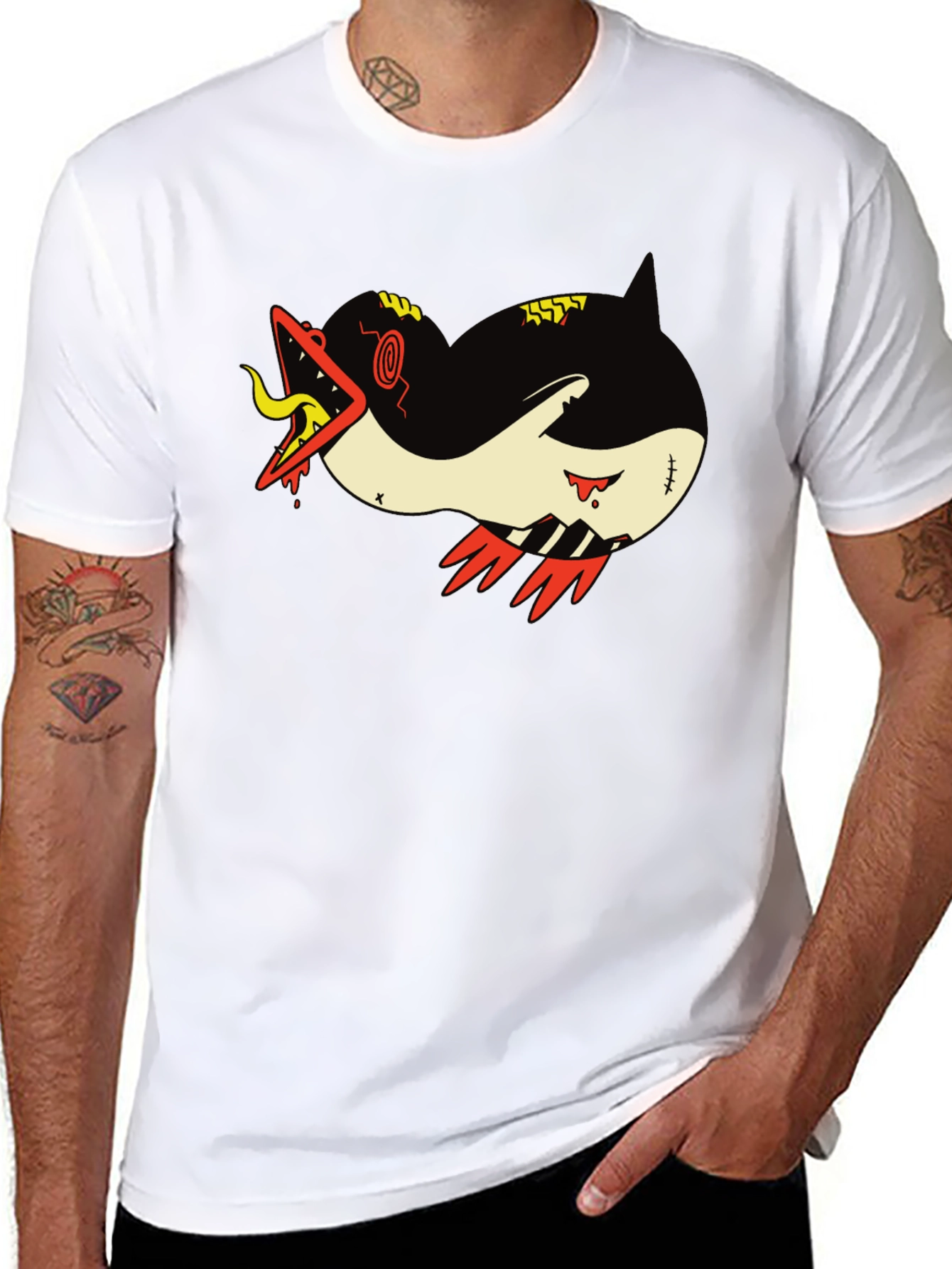 Graphic Print Tee - Cartoon Monster Shark