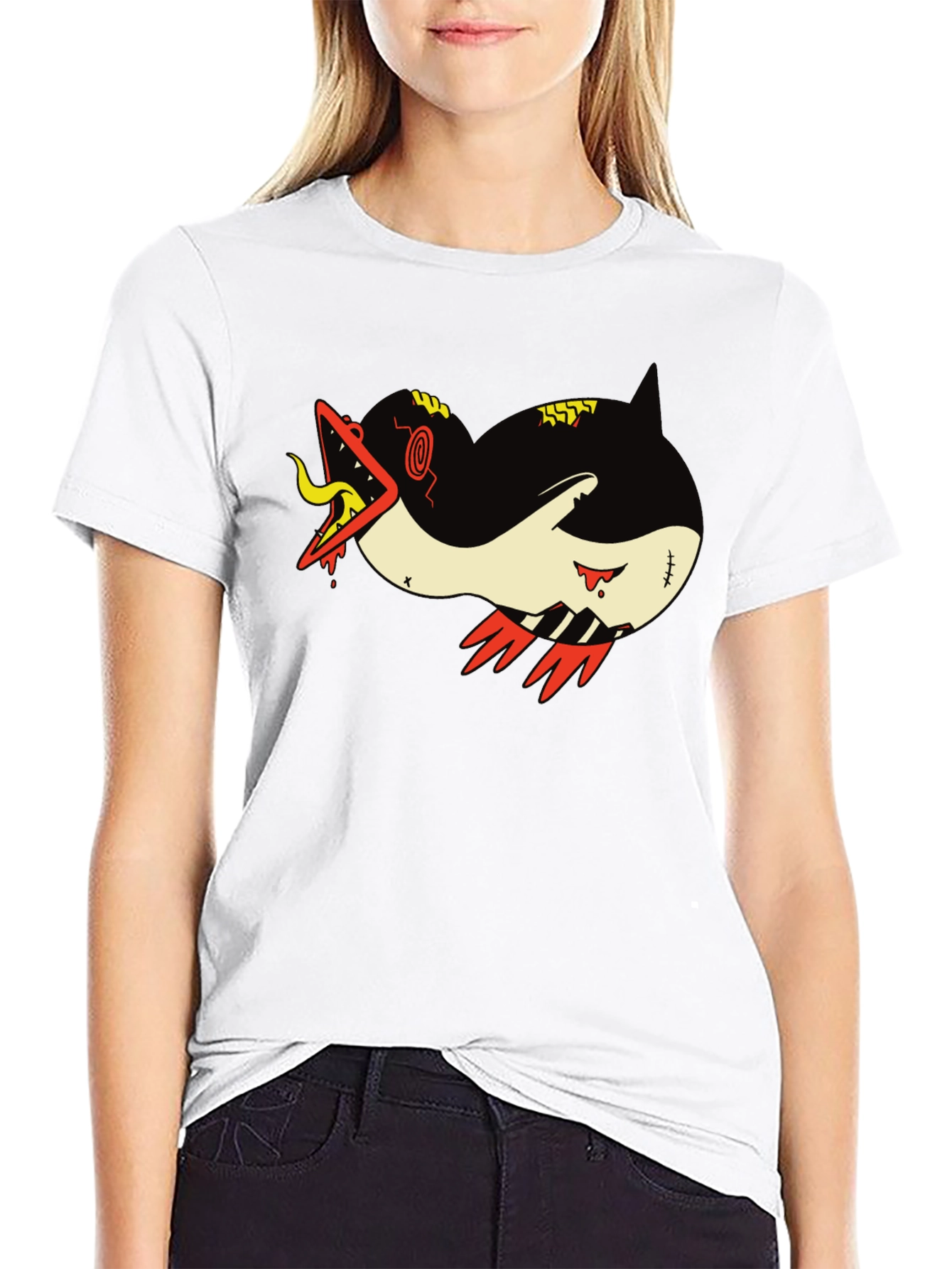 Graphic Print Tee - Cartoon Monster Shark