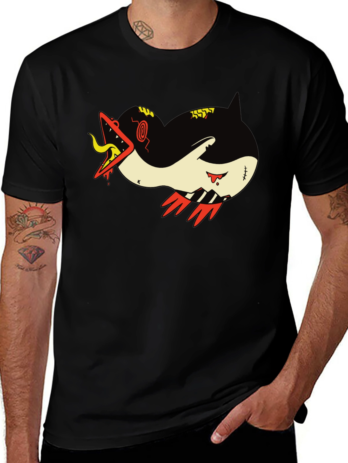 Graphic Print Tee - Cartoon Monster Shark