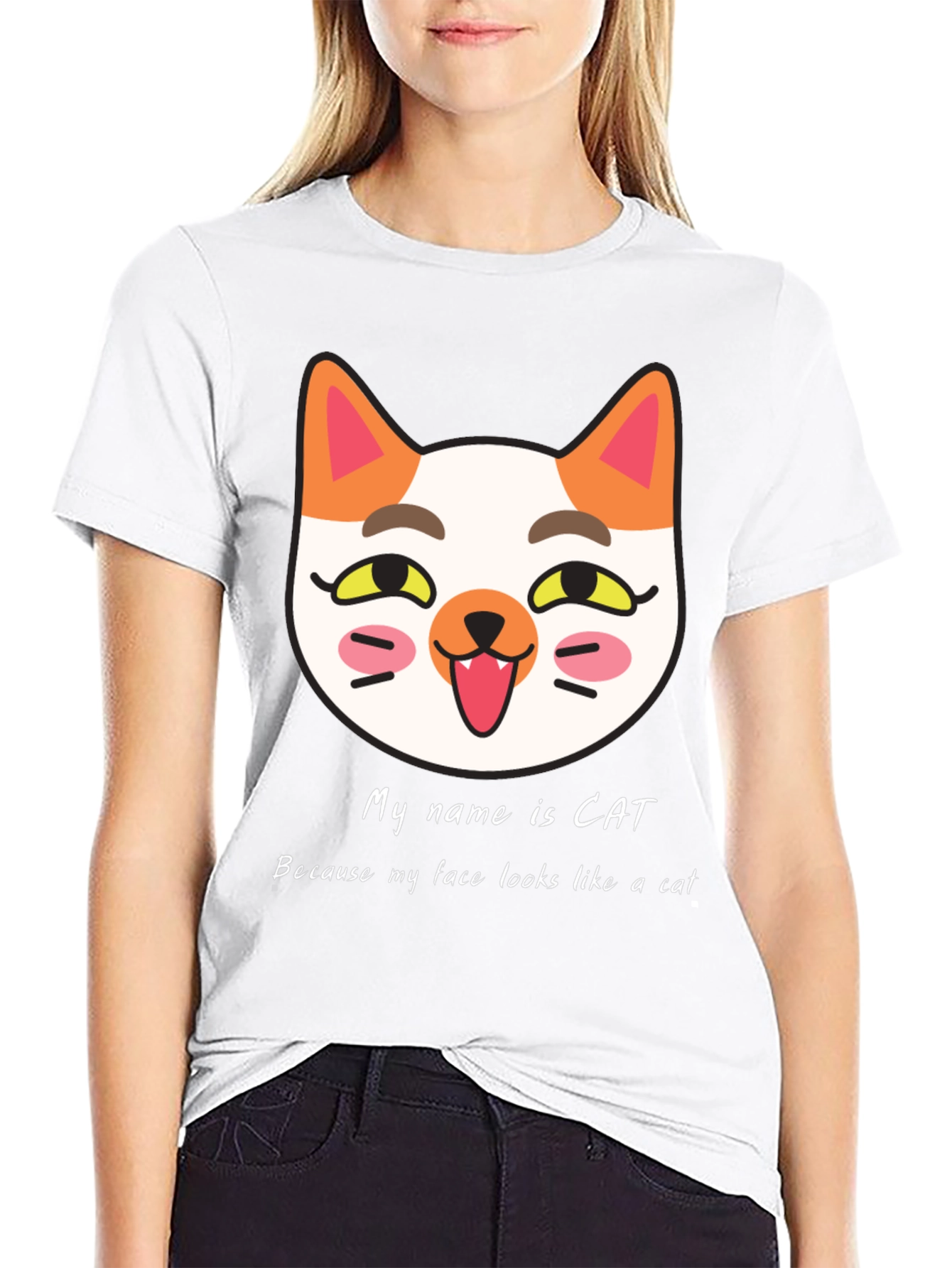 Cat Face Graphic Black T-Shirt: My Name is Cat!