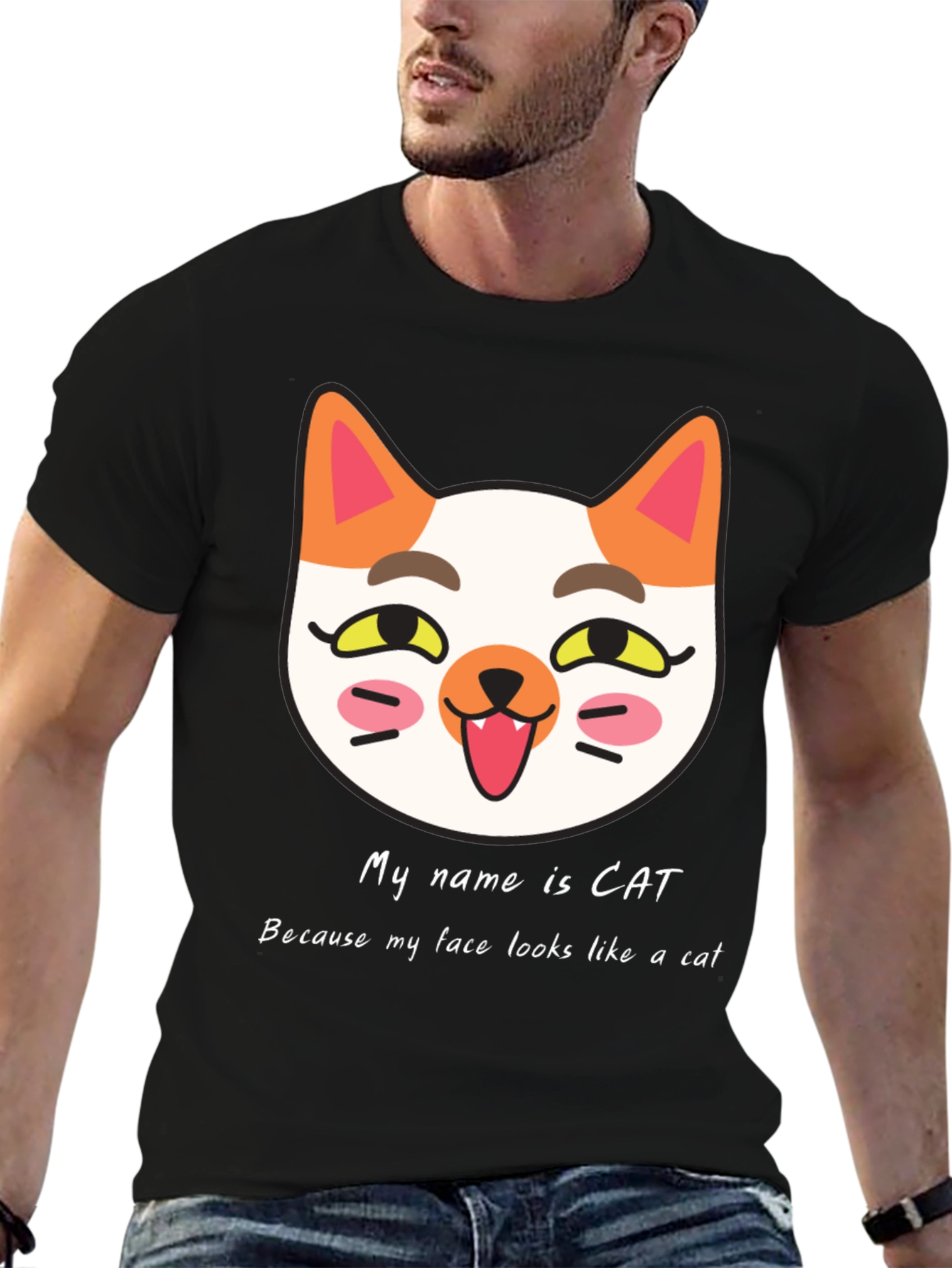 Cat Face Graphic Black T-Shirt: My Name is Cat!