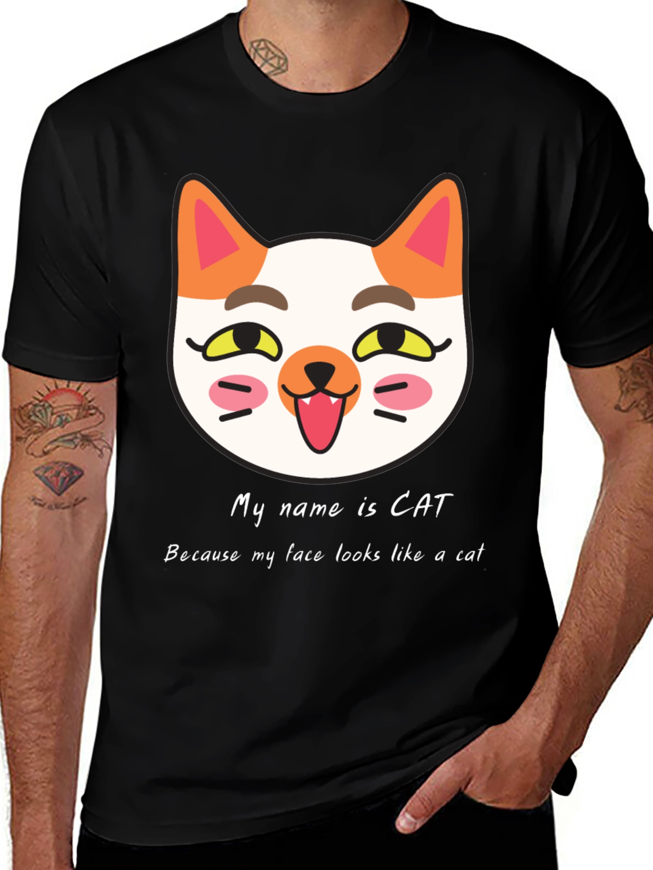 Cat Face Graphic Black T-Shirt: My Name is Cat!