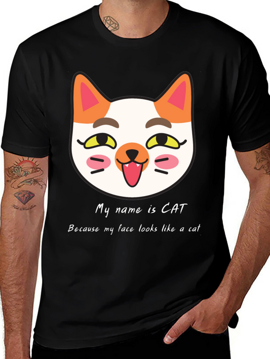 Cat Face Graphic Black T-Shirt: My Name is Cat!