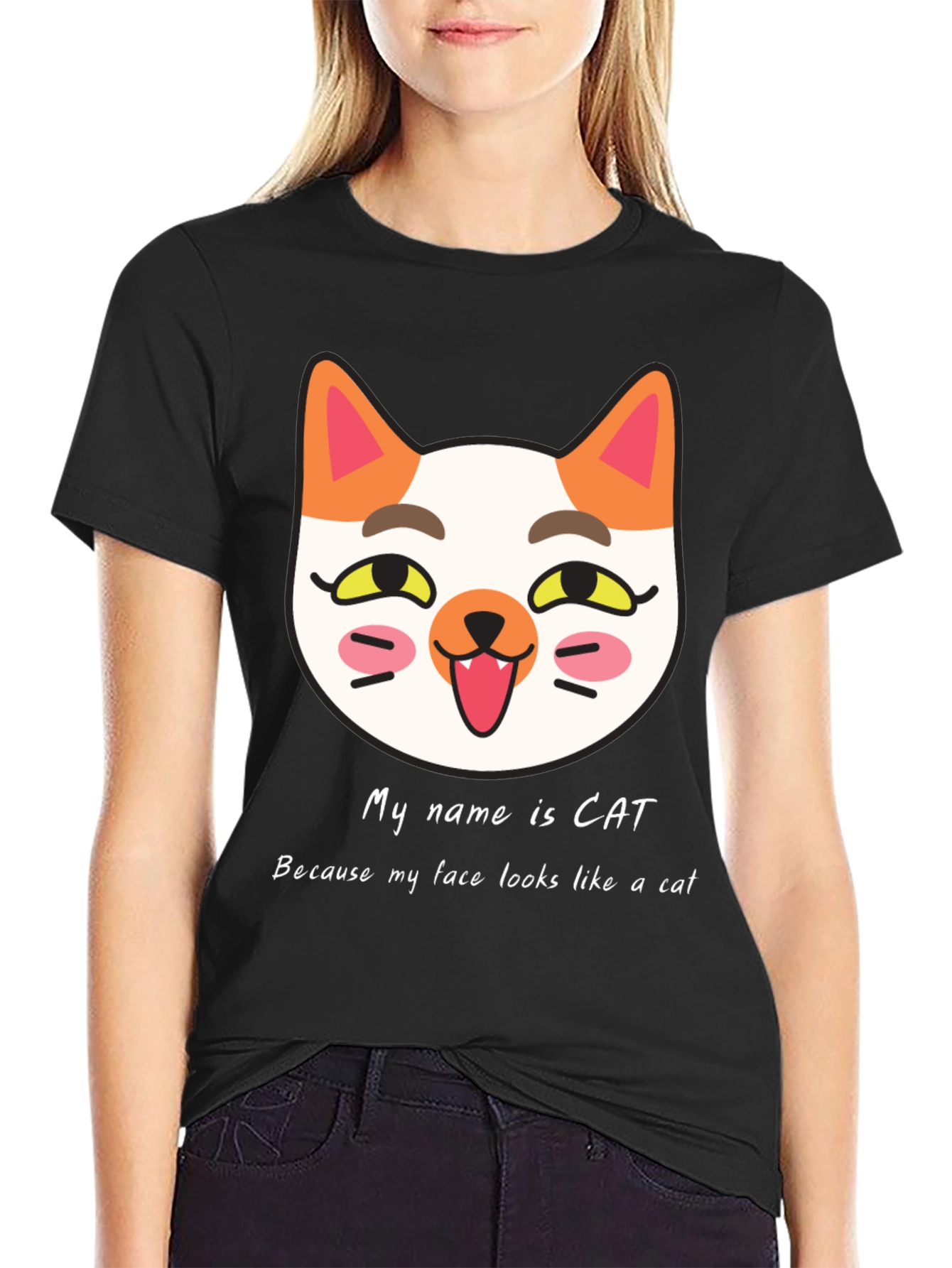 Cat Face Graphic Black T-Shirt: My Name is Cat!