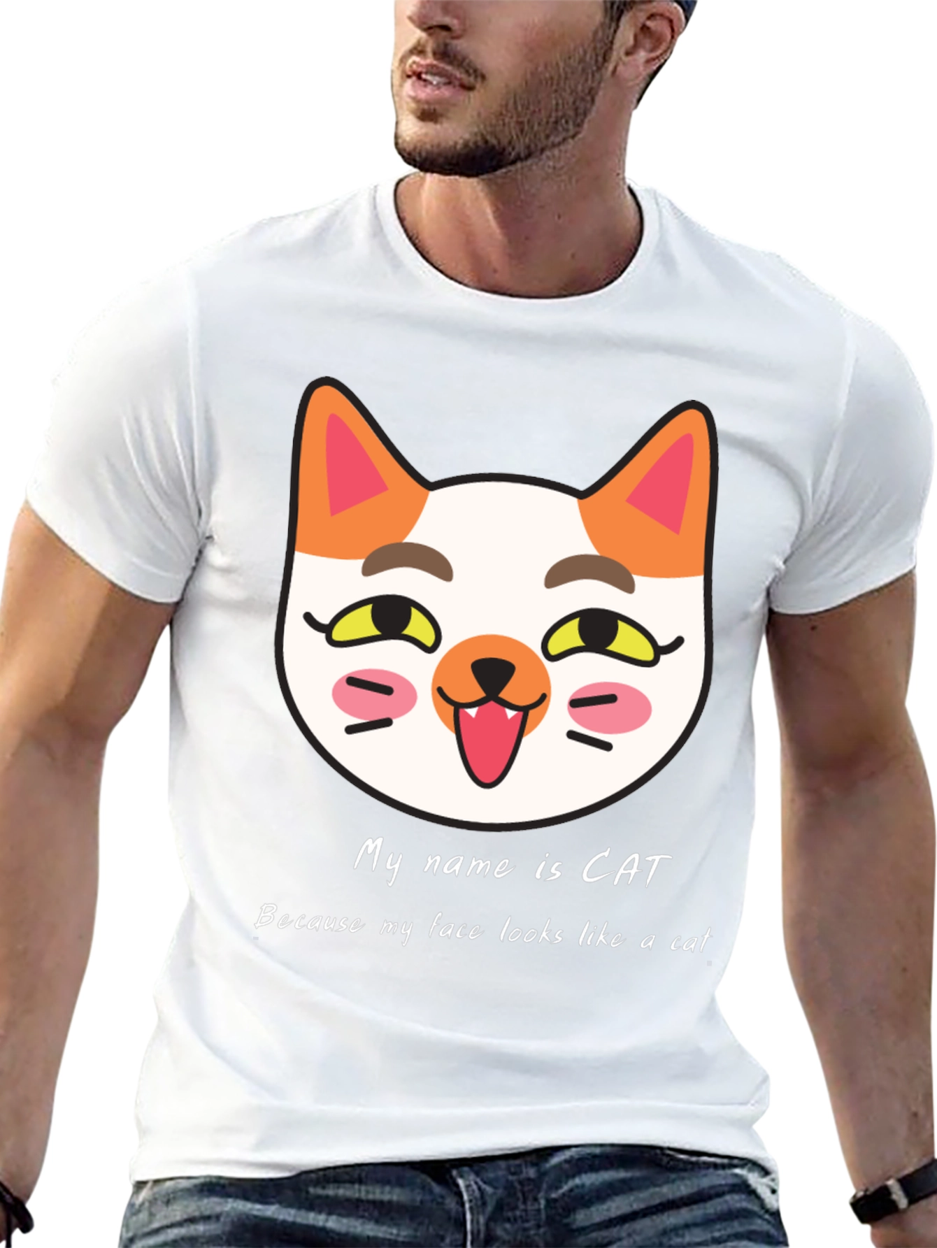 Cat Face Graphic Black T-Shirt: My Name is Cat!