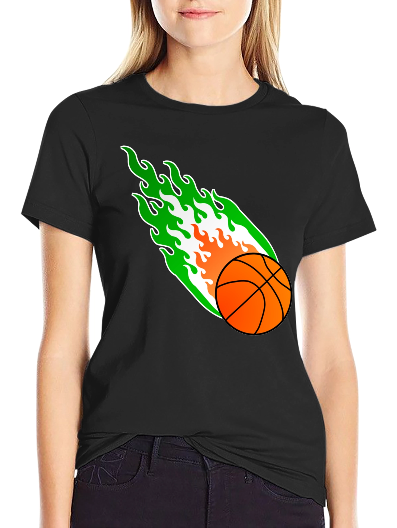Flaming Basketball Graphic Tee - Black Cotton Shirt