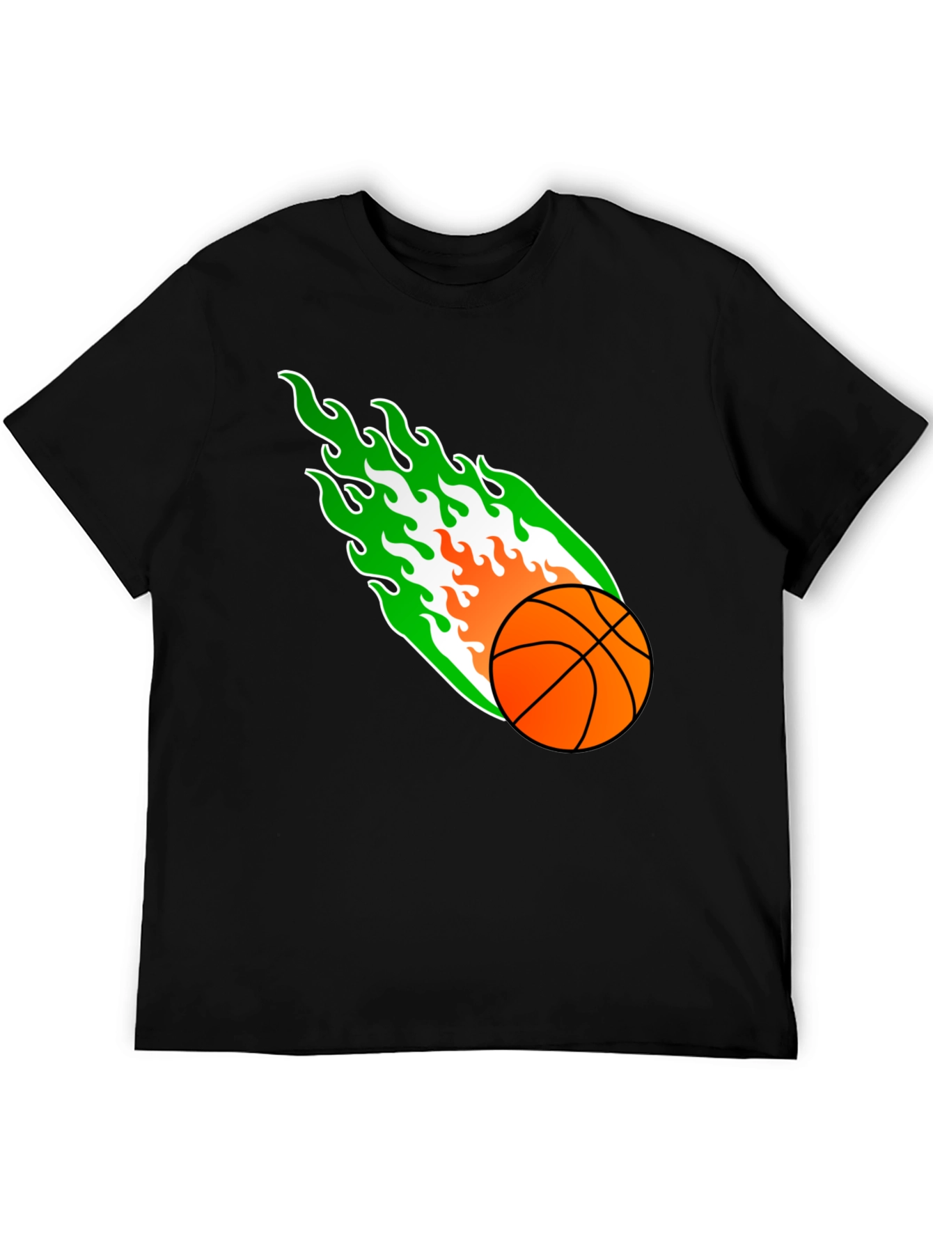 Flaming Basketball Graphic Tee - Black Cotton Shirt