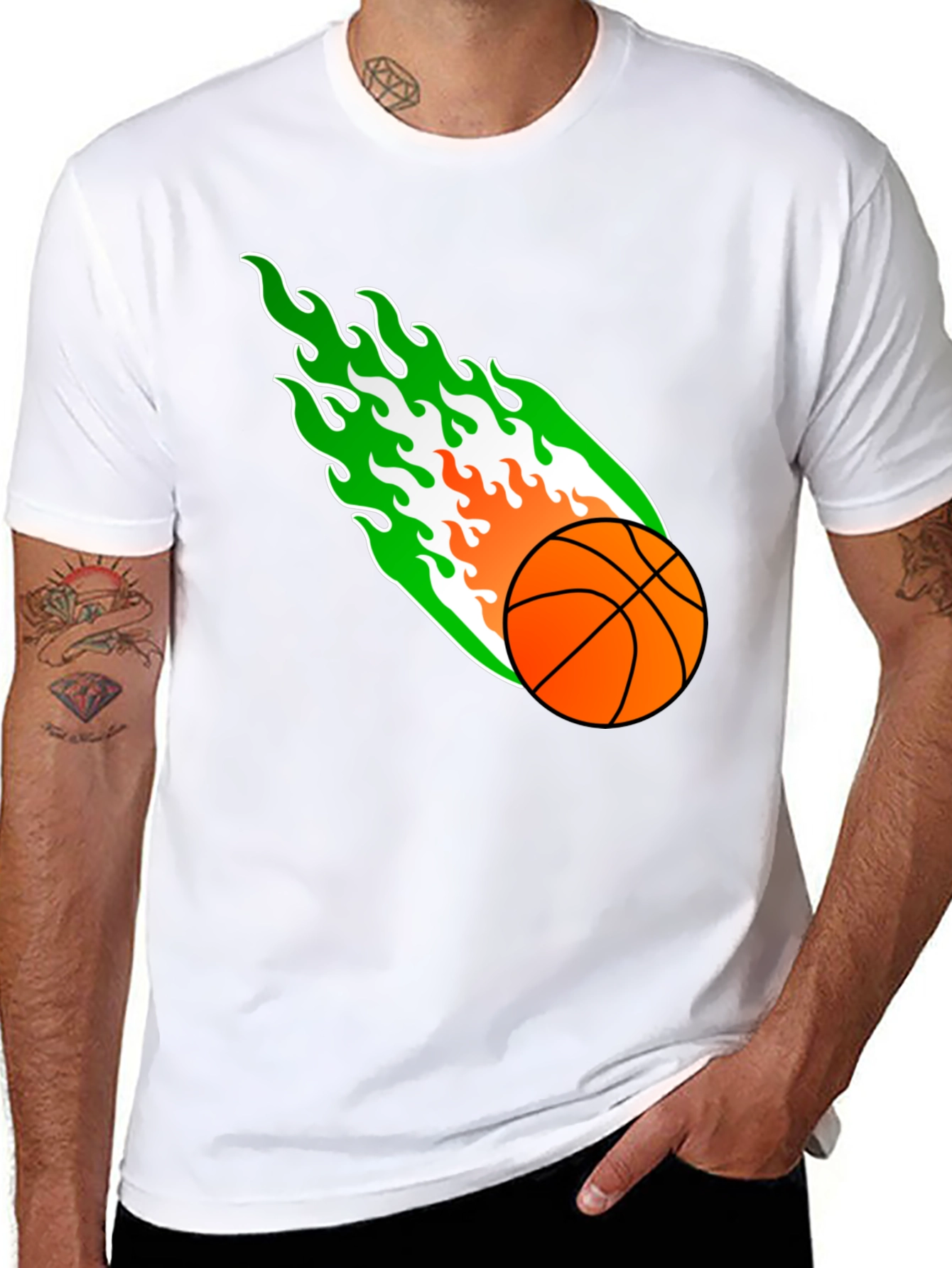 Flaming Basketball Graphic Tee - Black Cotton Shirt