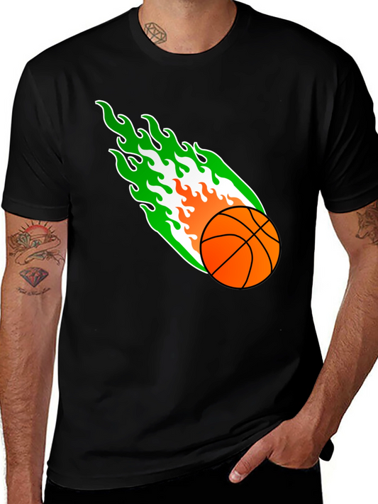 Flaming Basketball Graphic Tee - Black Cotton Shirt